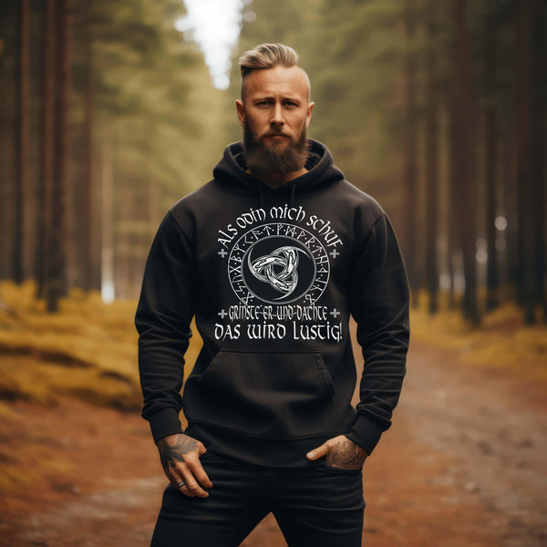 Lustiger Wikinger Hoodie mit Odins Gjallarhorn & Runenkreis - "Als Odin mich schuf" - Nordic Viking Wear