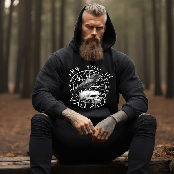 Wikinger Hoodie mit Vegvisir, Runenkreis & Raben-Motiv - "See You In Valhalla" - Nordic Viking Wear