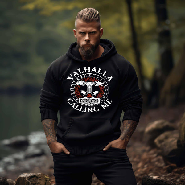 Wikinger Hoodie mit Thors Hammer, Runenkreis & Raben - Valhalla Calling Me - Nordischer Pullover für Männer - Nordic Viking Wear