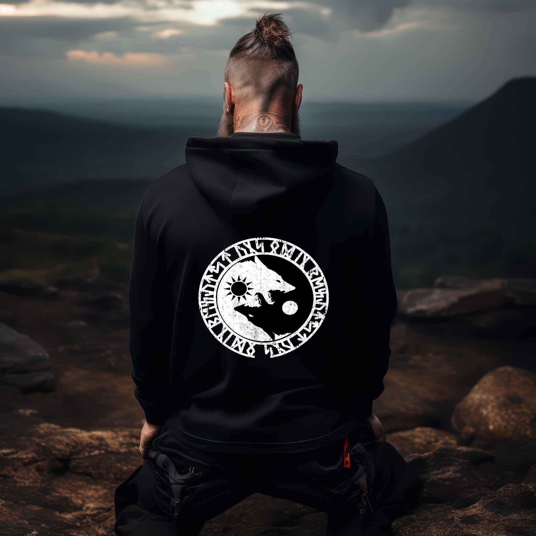 Wikinger Premium Hoodie - Geri und Freki, Odins Wölfe mit Runenkreis - Nordic Viking Wear