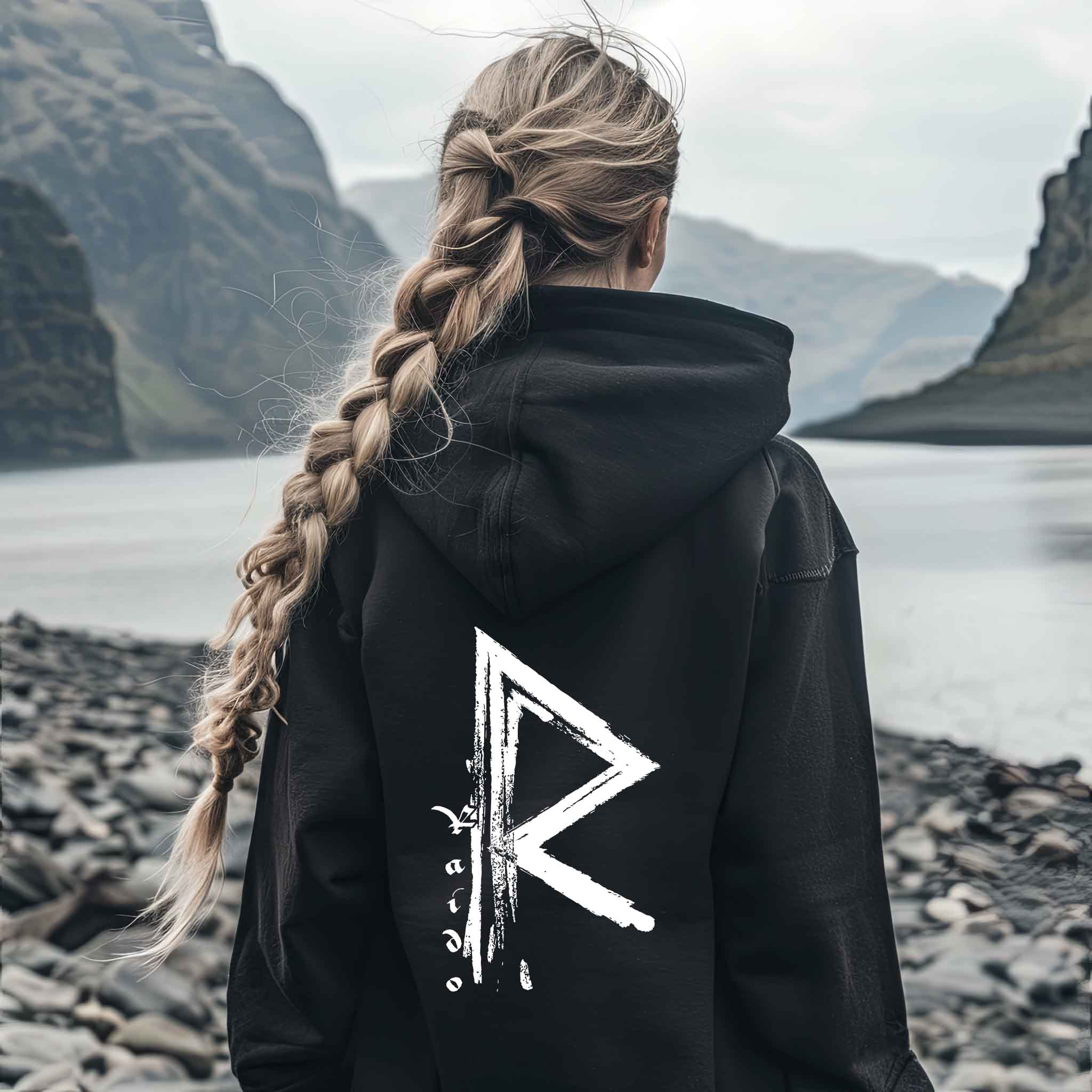 Wikinger Heavy Vintage Hoodie Rune Raido-Hoodie – Der Weg des Reisenden