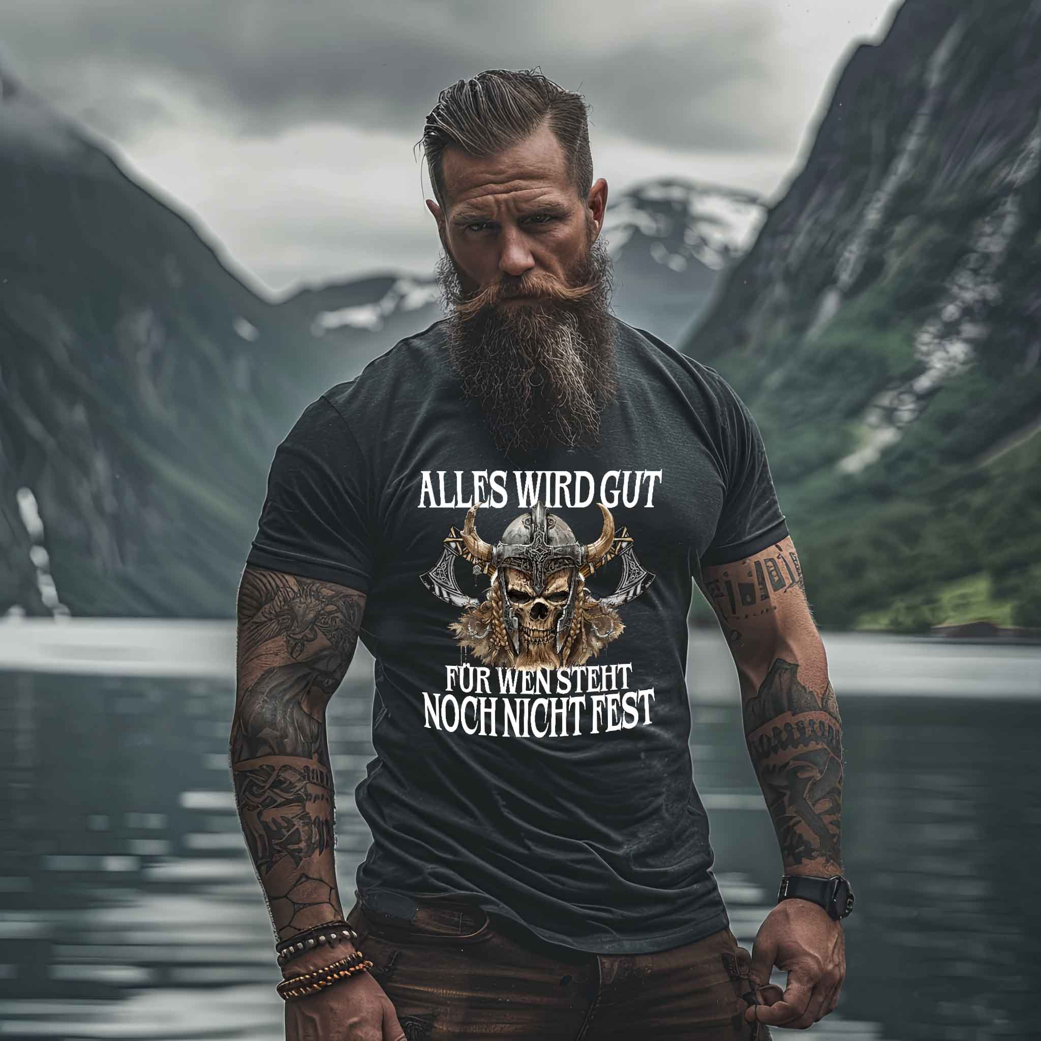 Lustiges Wikinger T-Shirt - "Alles wird gut" Spruch mit Wikingerschädel