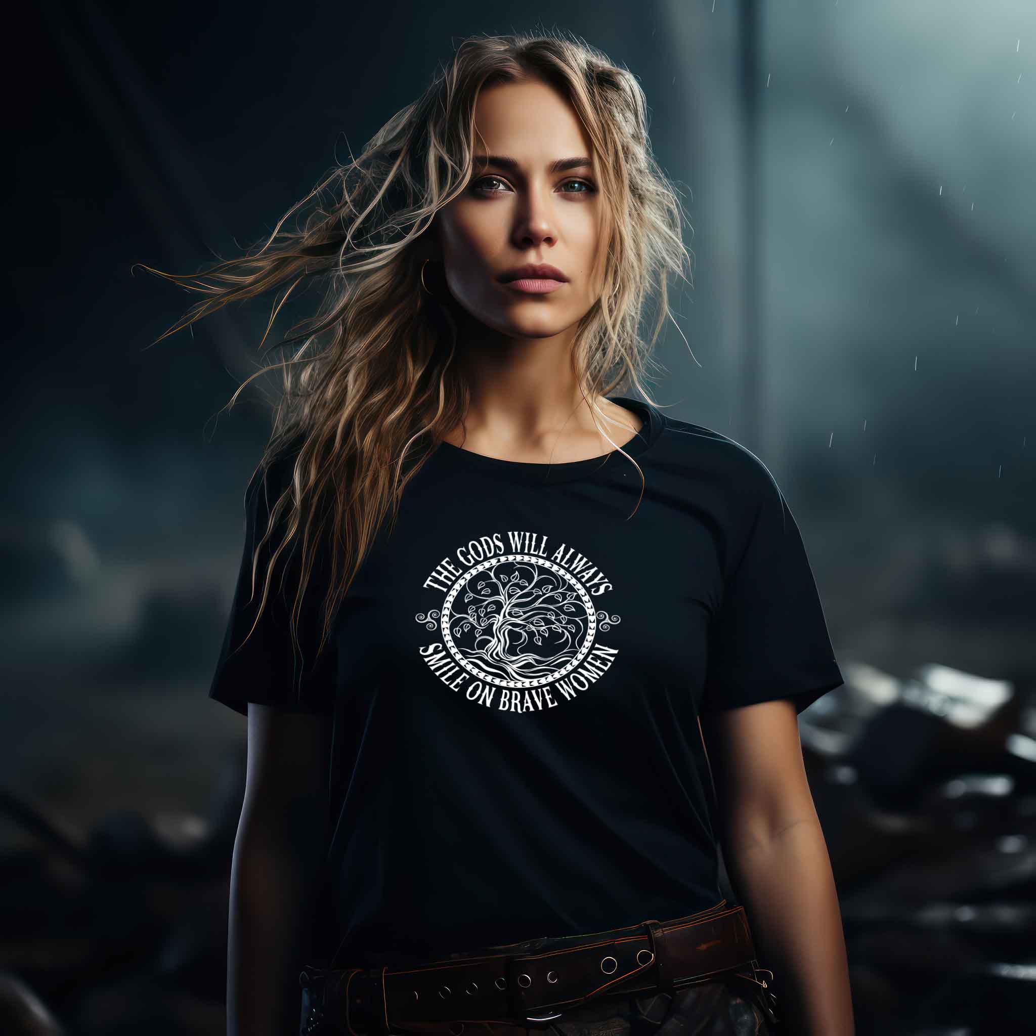 Schildmaiden Expresser Shirt – The Gods Will Always Smile On Brave Women – Wikinger Yggdrasil Design"