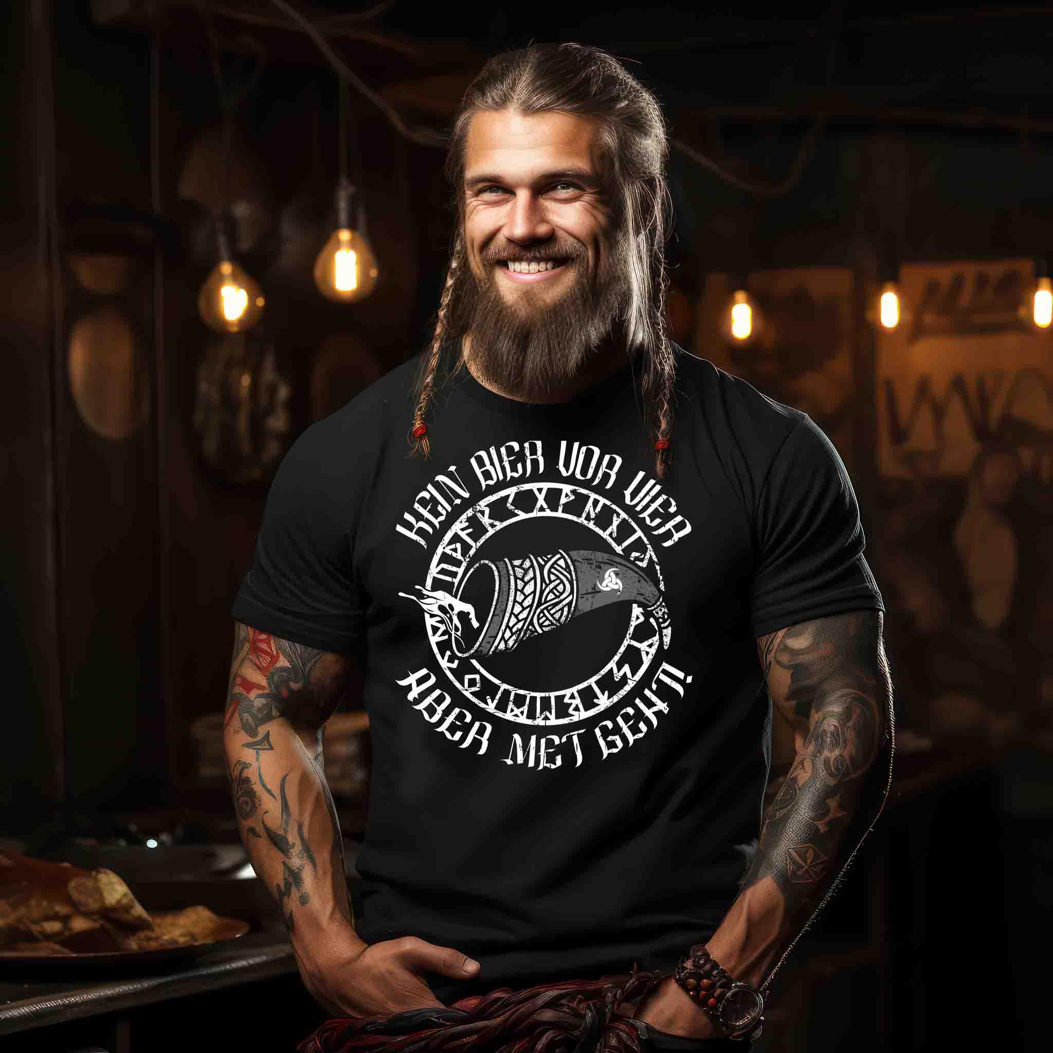 Lustiges Wikinger-Shirt "Kein Bier vor Vier, aber Met geht!" – Humorvolles Nordisches Trink-Motiv