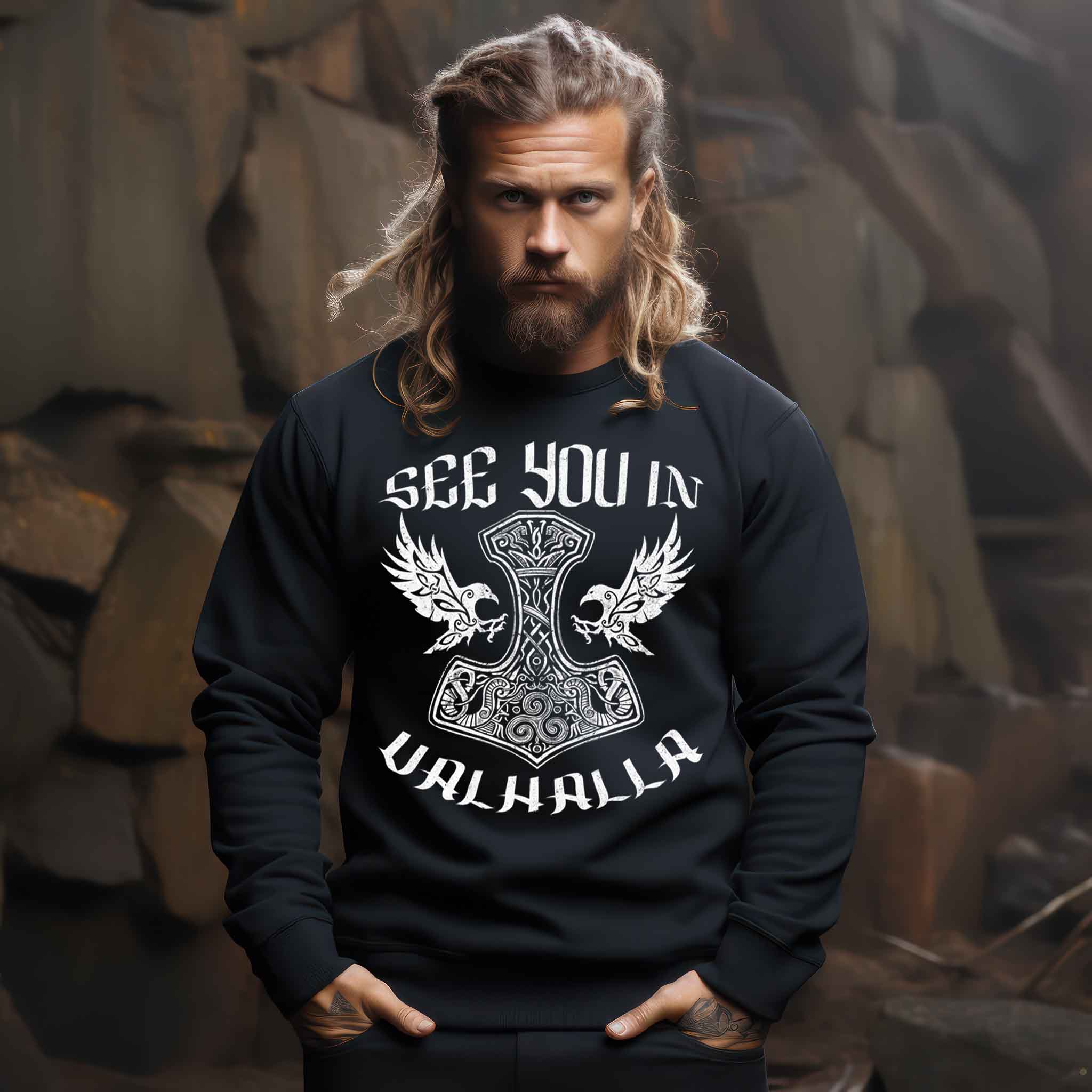 See You In Valhalla" Wikinger Sweatshirt – Ehrenvolles Krieger-Design