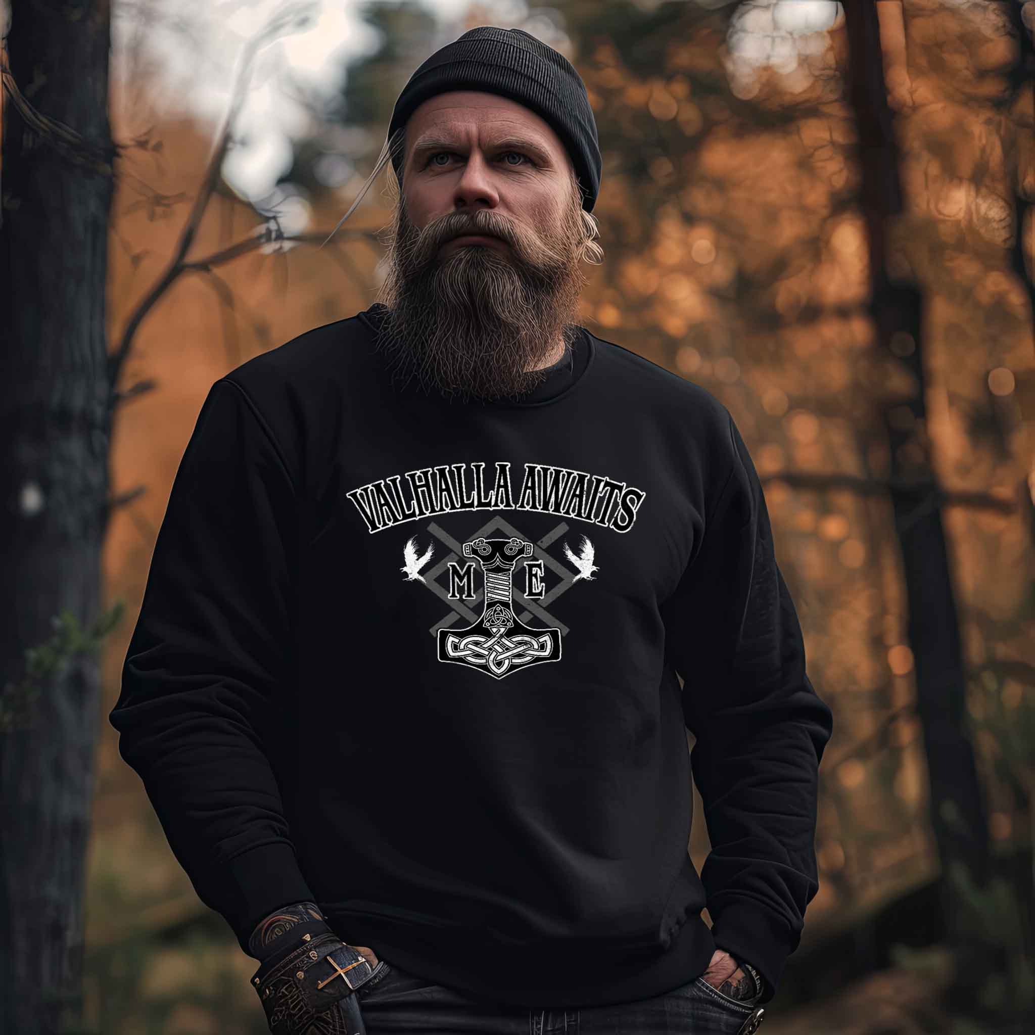 Wikinger Mjölnir und Grungir Sweatshirt - Valhalla Awaits Me - Nordische Mythologie