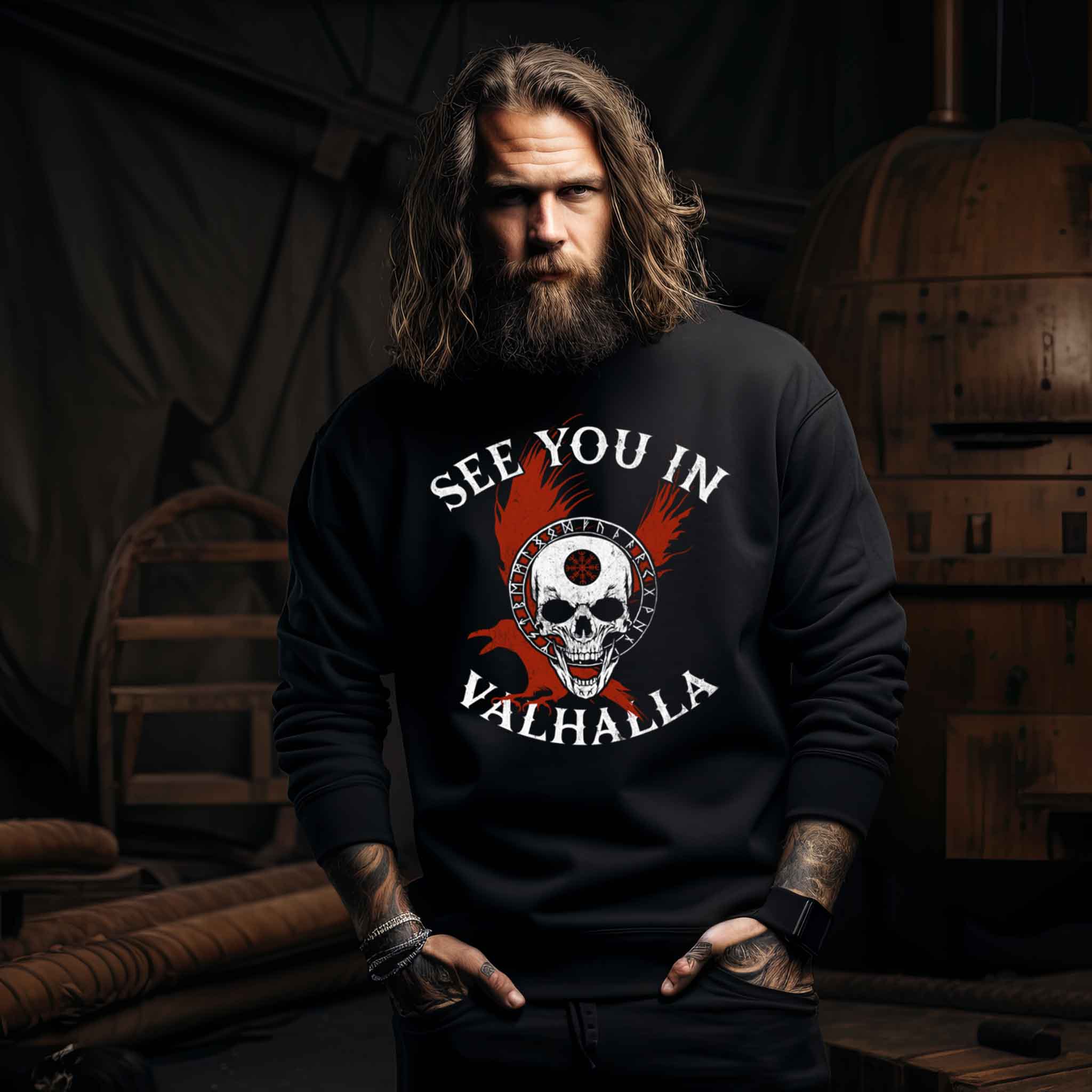 Wikinger-Sweatshirt "See You in Valhalla" mit Helm of Awe-Schädel