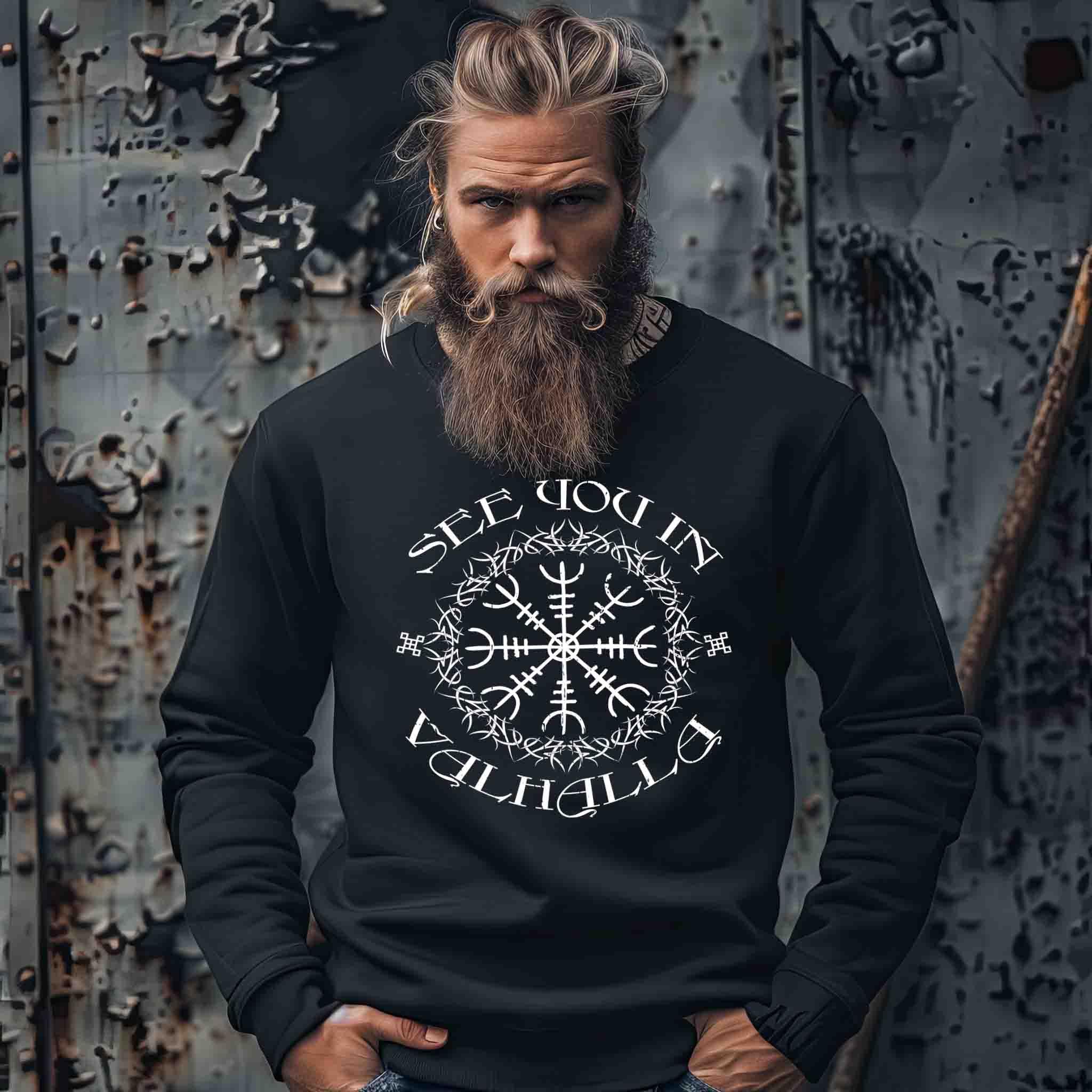 "See You in Valhalla" – Wikinger Heavy Sweatshirt mit Helm of Awe (Ægishjálmur) Symbol