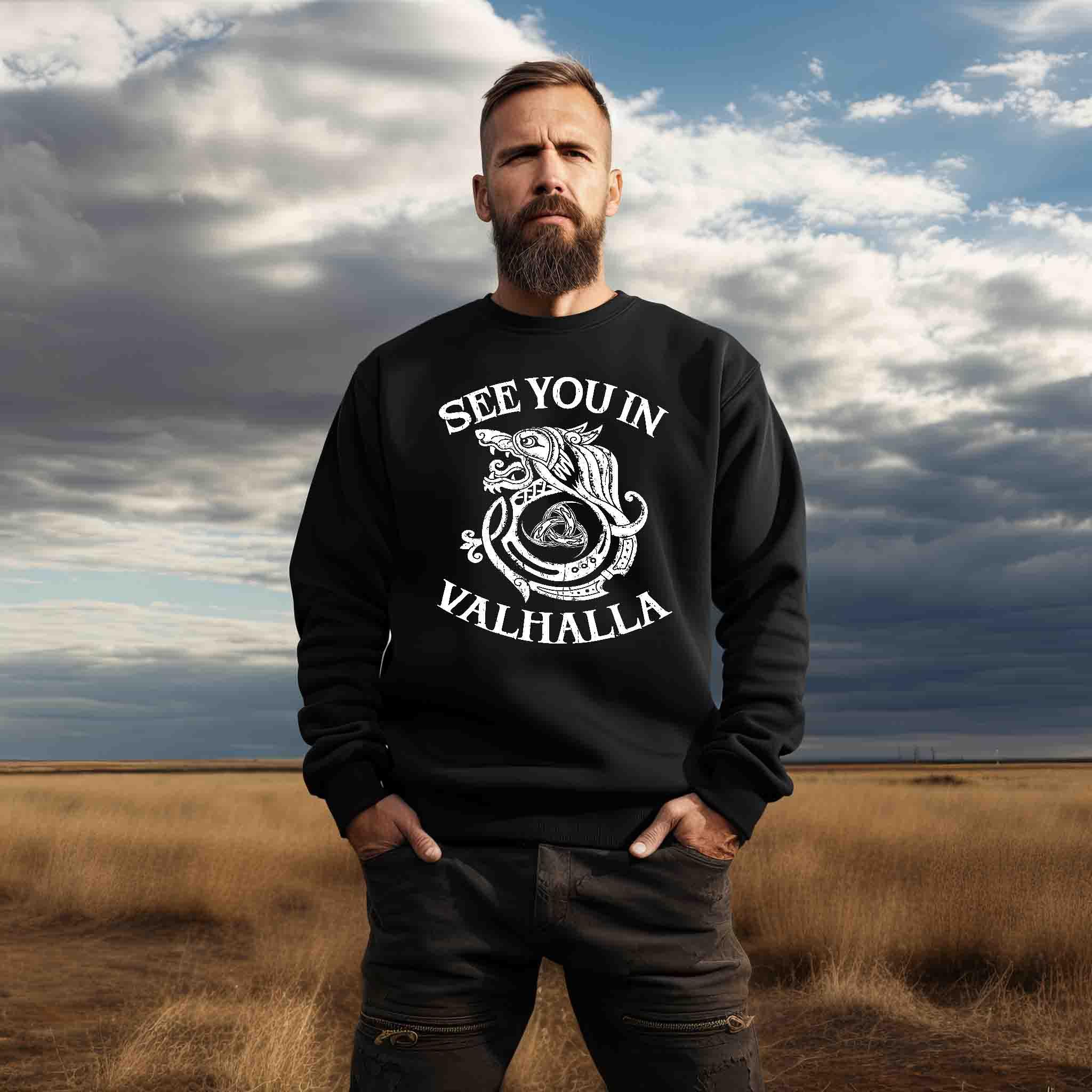 See You in Valhalla – Wikinger Heavy Sweatshirt mit Wolf & Knotenmuster