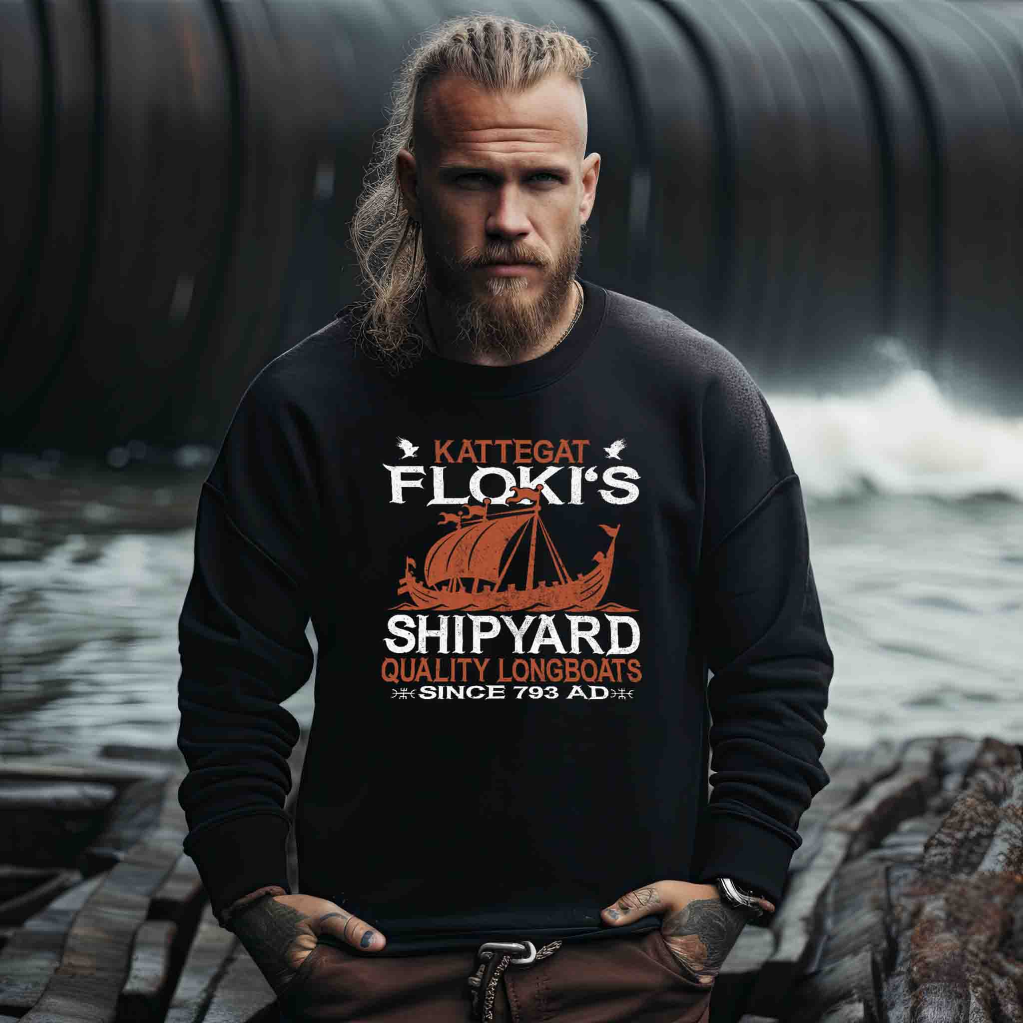 "Kattegat Floki's Shipyard" Sweatshirt – Ehre die Kunst des Schiffbaus