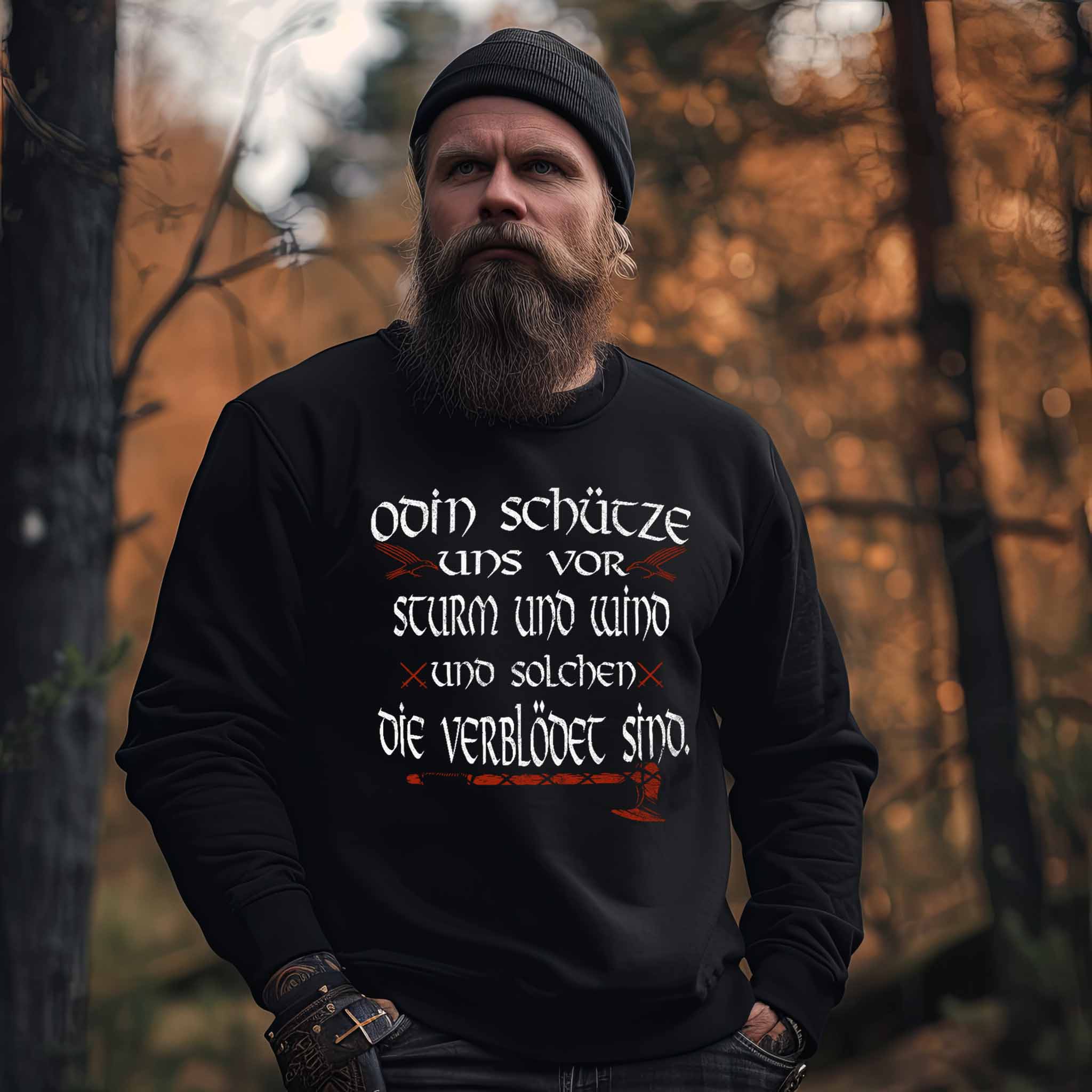 Wikinger Sweatshirt mit Odin-Spruch – "Odin schütze uns vor Sturm und Wind"