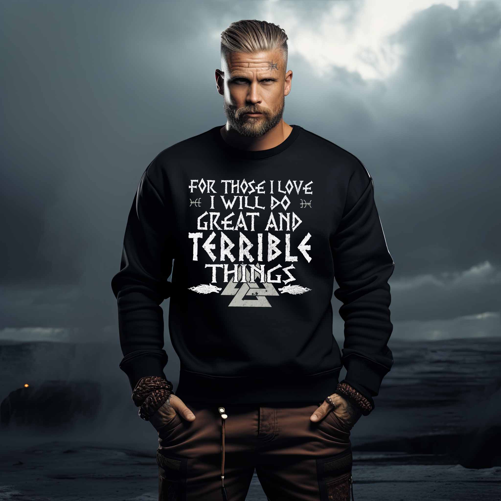 Wikinger-Sweatshirt "Große und schreckliche Taten" – Inspirierendes Nordisches Design mit Walknut-Symbol