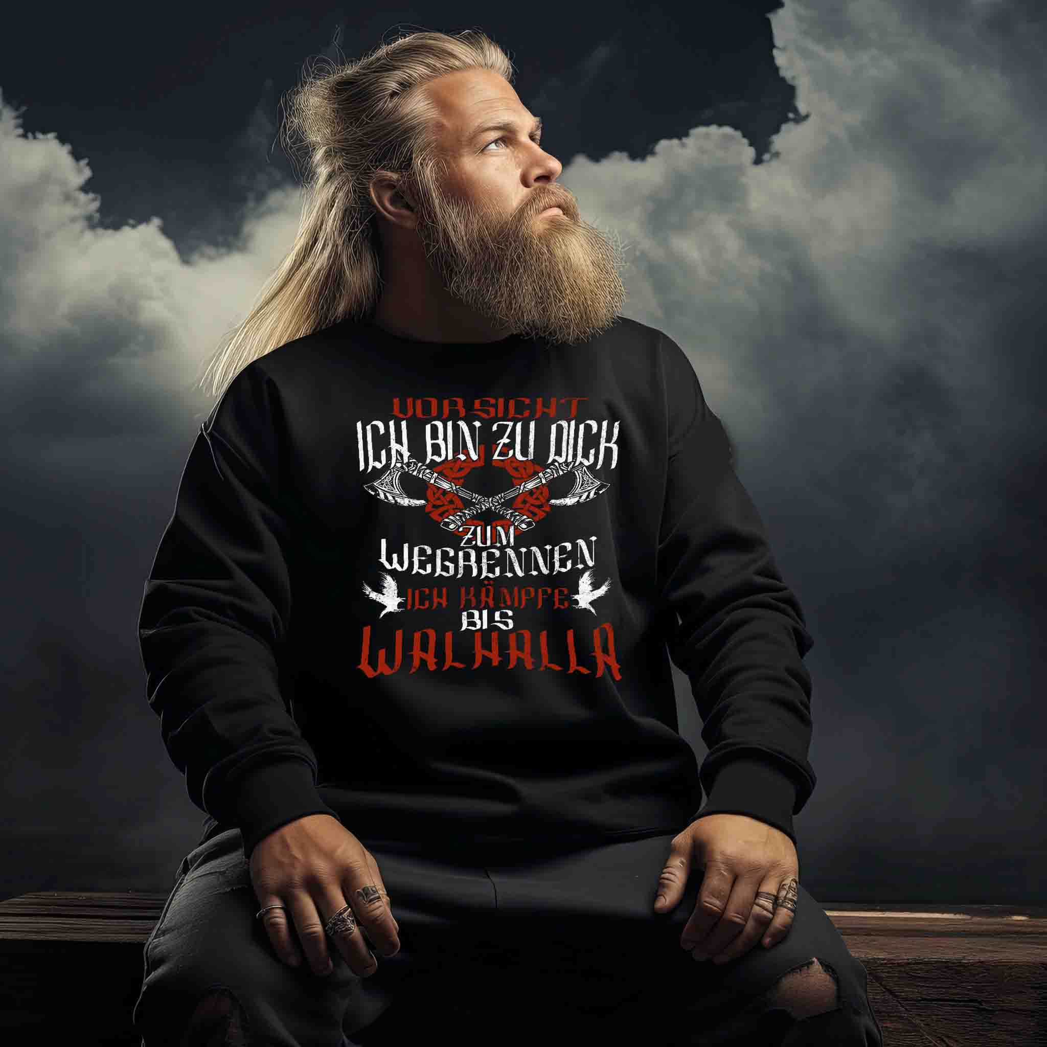 "Lustiges Wikinger-Sweatshirt – 'Ich bin zu dick zum Wegrennen