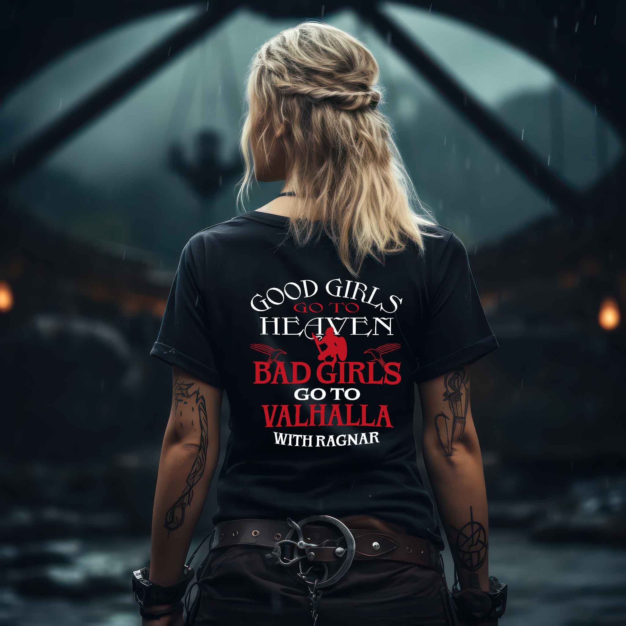 "Schildmaid V-Neck - 'Bad Girls Go To Valhalla with Ragnar' - Kraftvolles Viking Statement Tee"