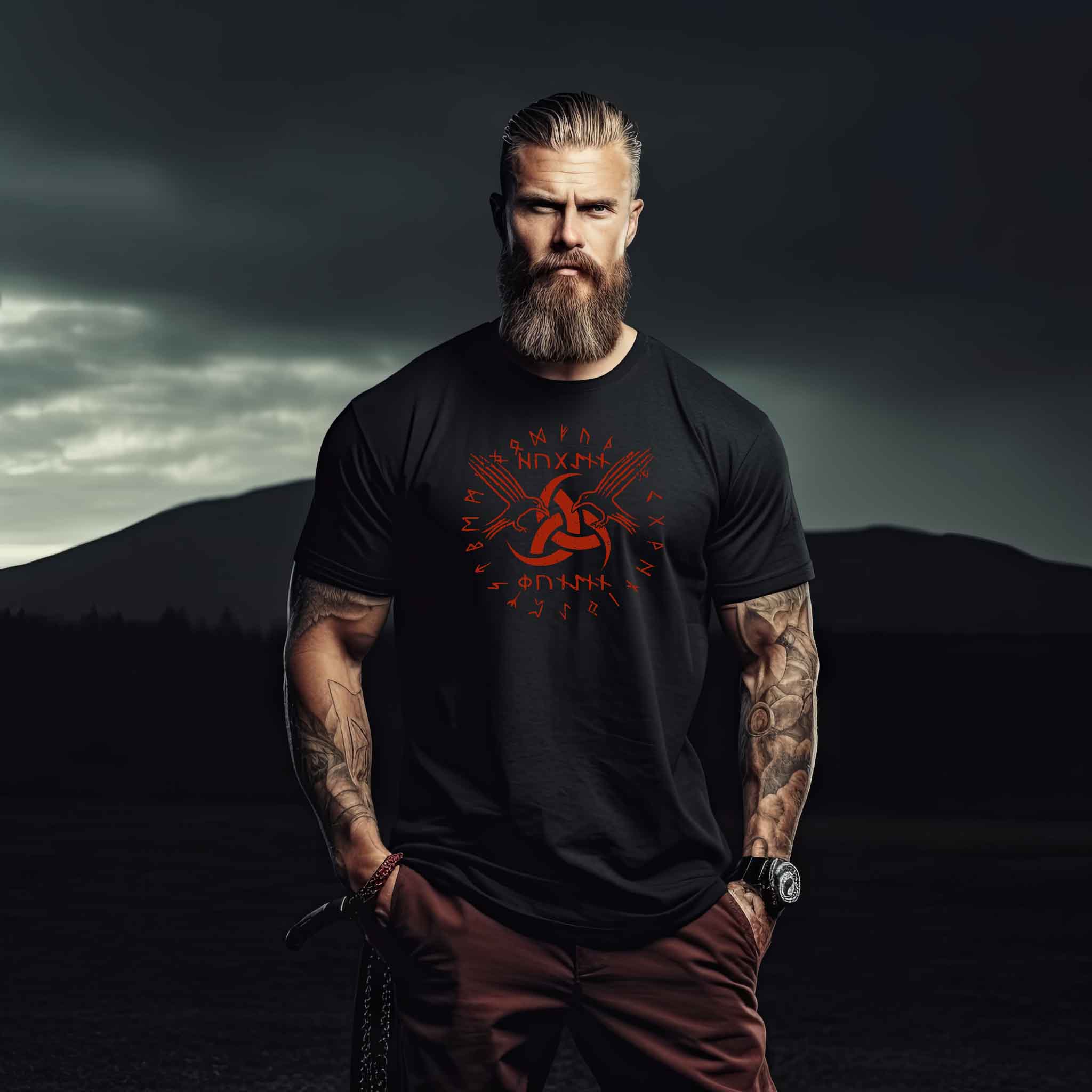 Wikinger-Premiumshirt "Odins Boten" - Huginn und Muninn mit Gjallarhorn