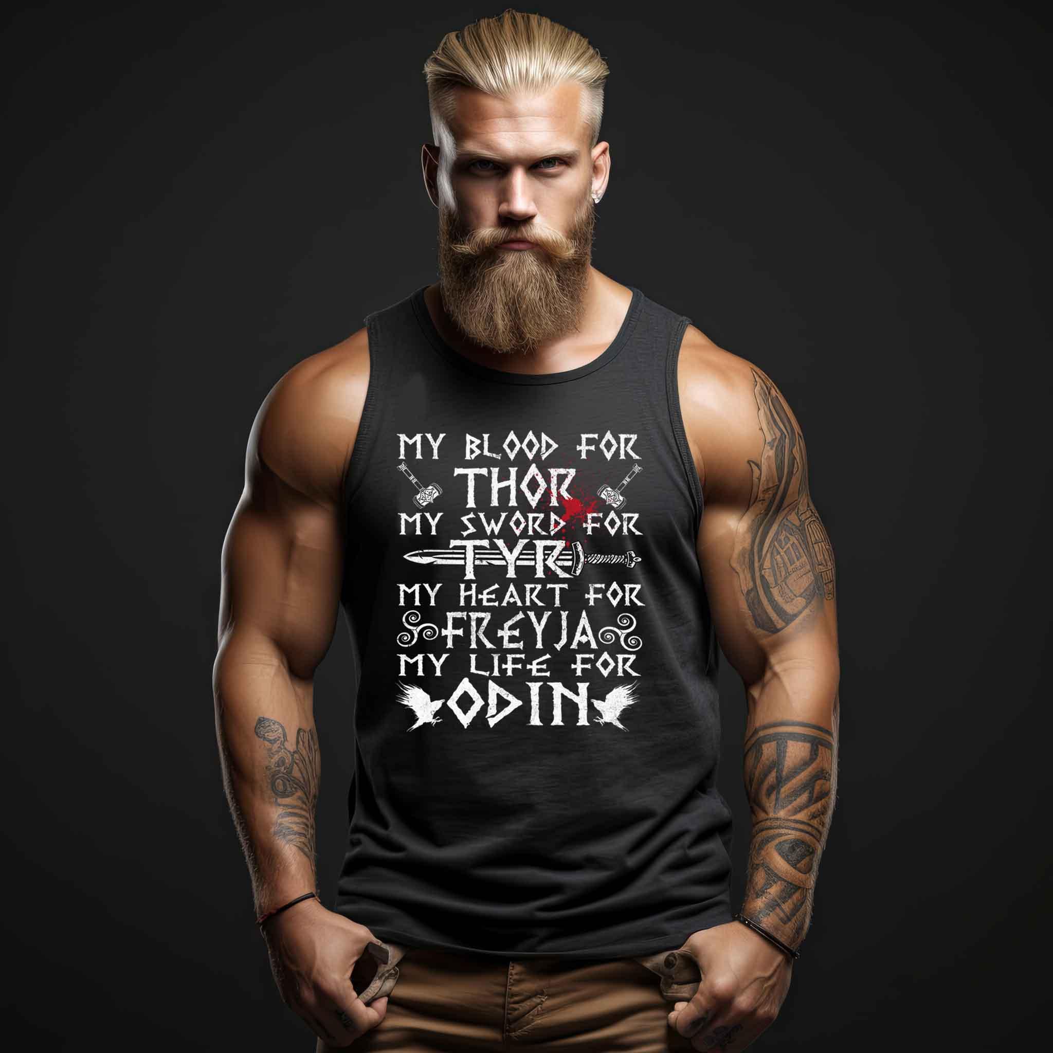 Wikinger-Treue-Tanktop: "My Blood for Thor, My Sword for Tyr, My Heart for Freyja, My Life for Odin"