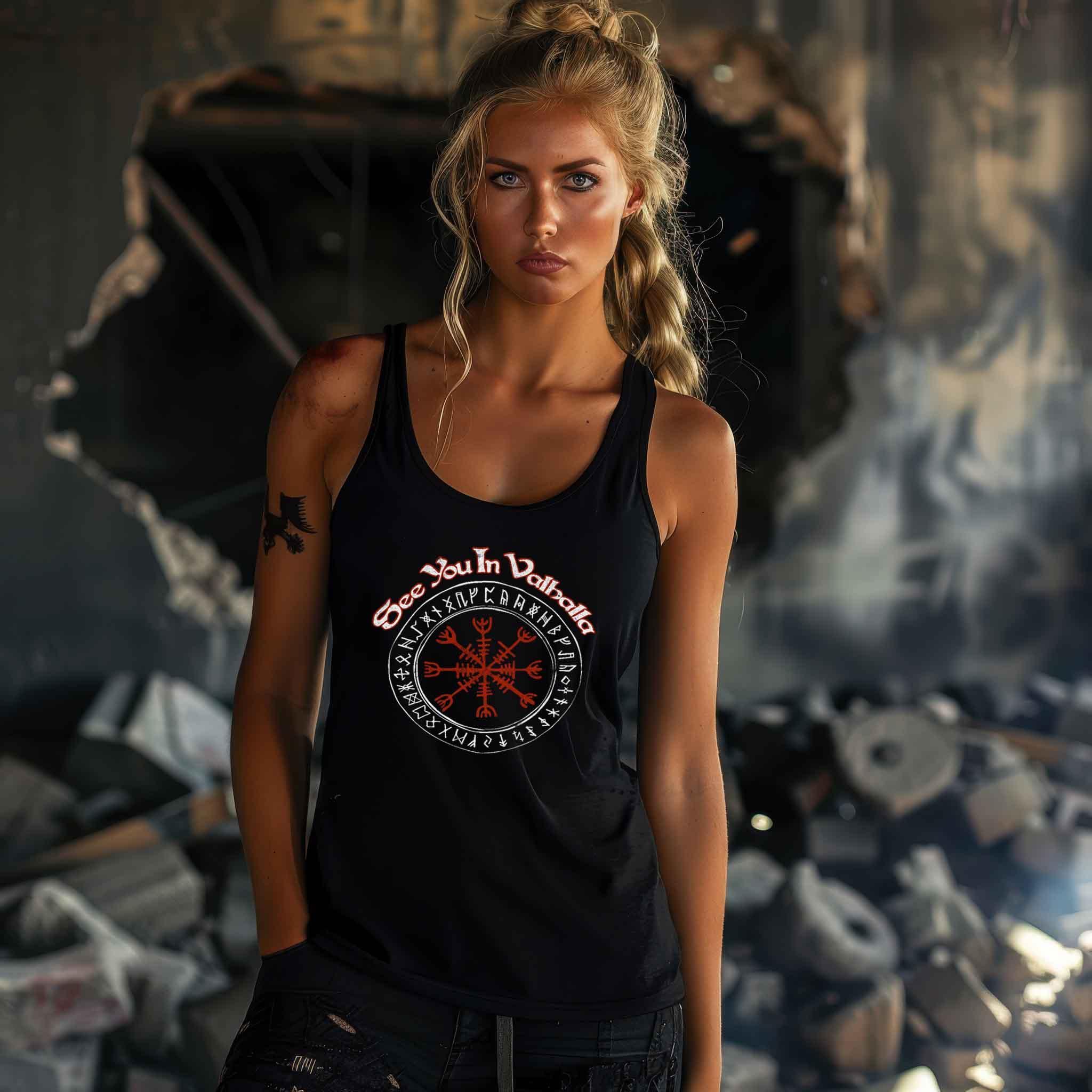 Schildmaiden Tanktop "See You In Valhalla" Design mit Helm Of Awe (Ægishjálmr) - Nordic Viking Wear