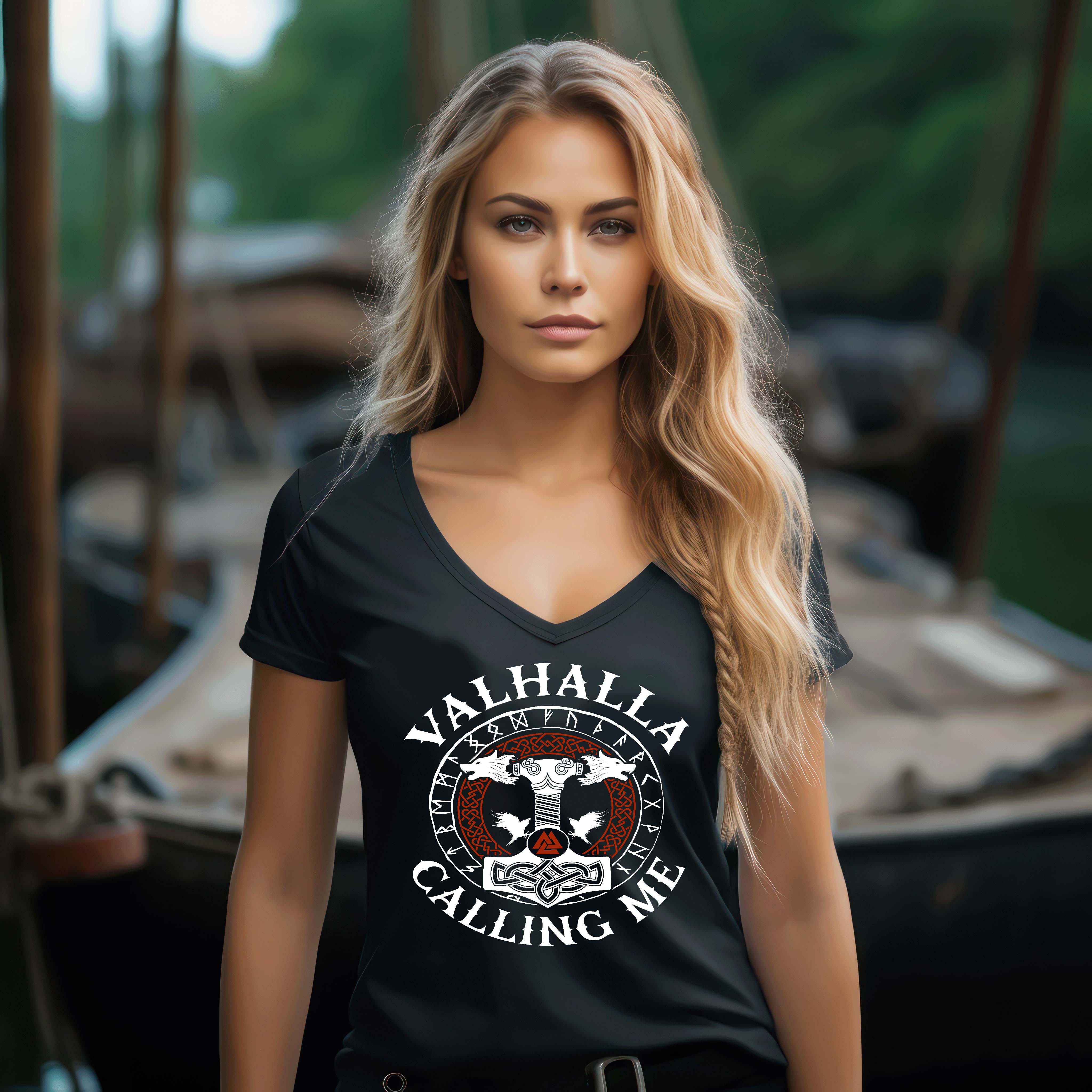 Schildmaiden V-Neck "Valhalla Calling Me" - Exklusives Design mit Thors Hammer, Runenkreis & Raben