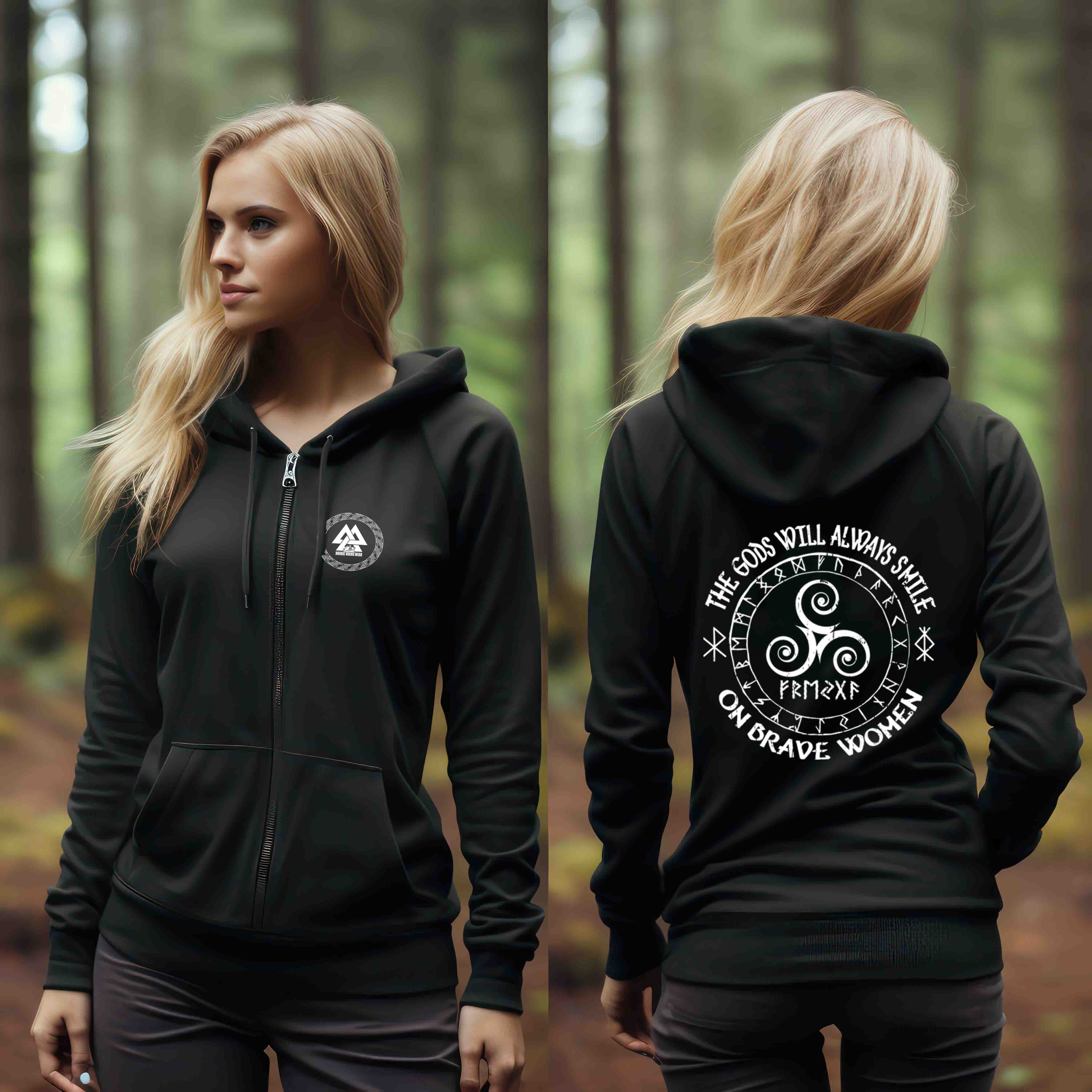 Segen der Götter: Inspirierendes Schildmaiden Organic Zipp Hoodie 'The Gods Will Always Smile on Brave Women'