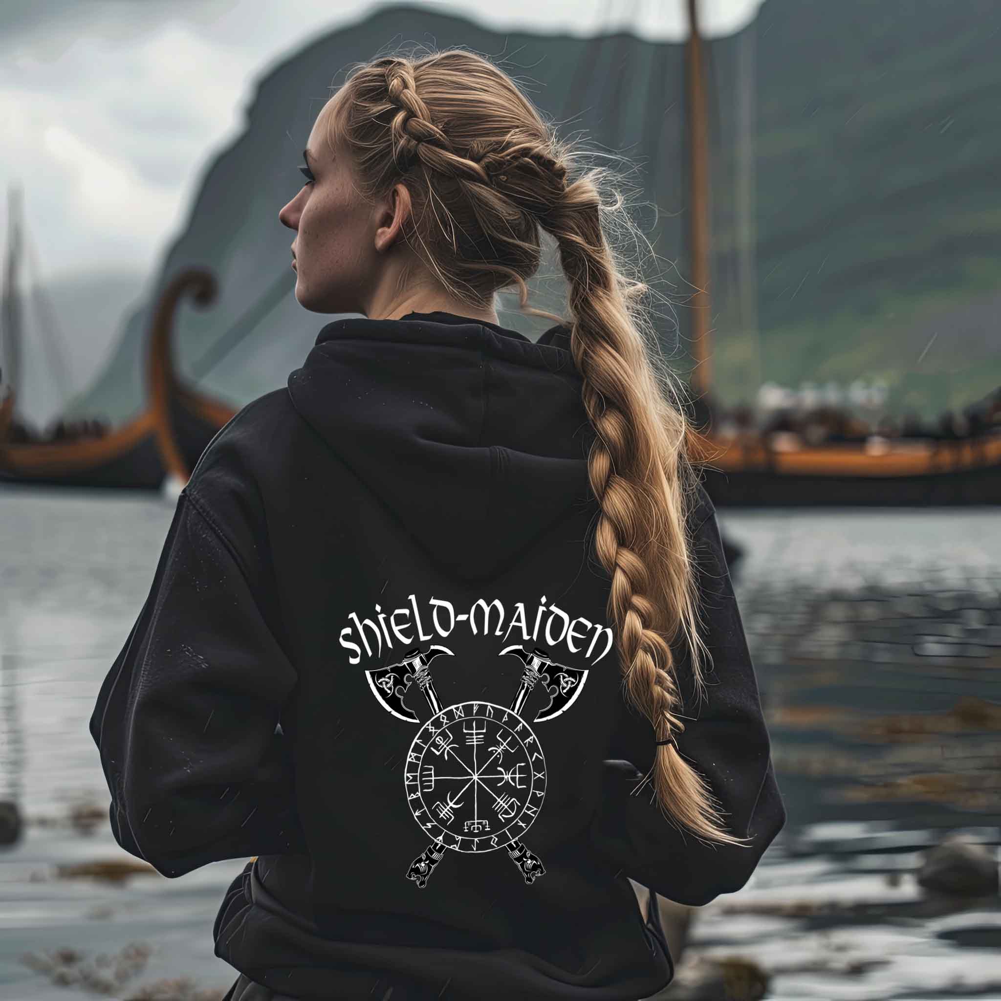 Shield-Maiden Warrior Oversized Hoodie – Mutiger Schildmaiden Backprint Pullover