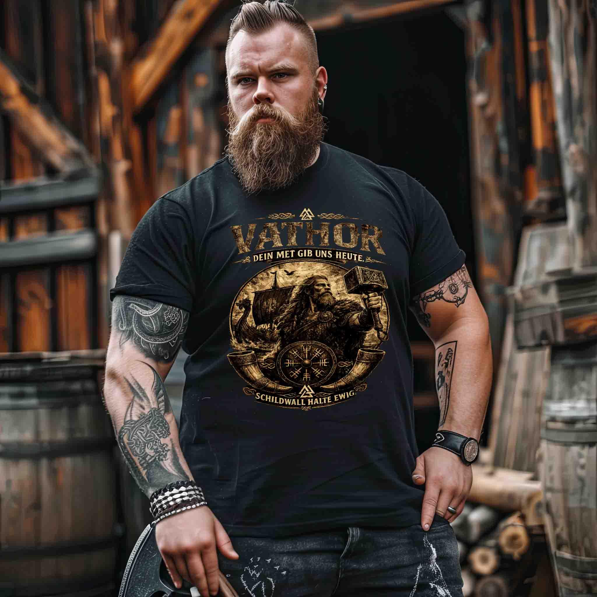 Wikinger Premiumshirt Frontprint Vathor-Schildwall-Halte-Ewig.