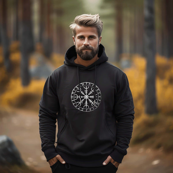 Wikinger Hoodie mit Helm Of Awe & Runenkreis-Design – Traditionelle Nordische Schutzsymbole - Nordic Viking Wear