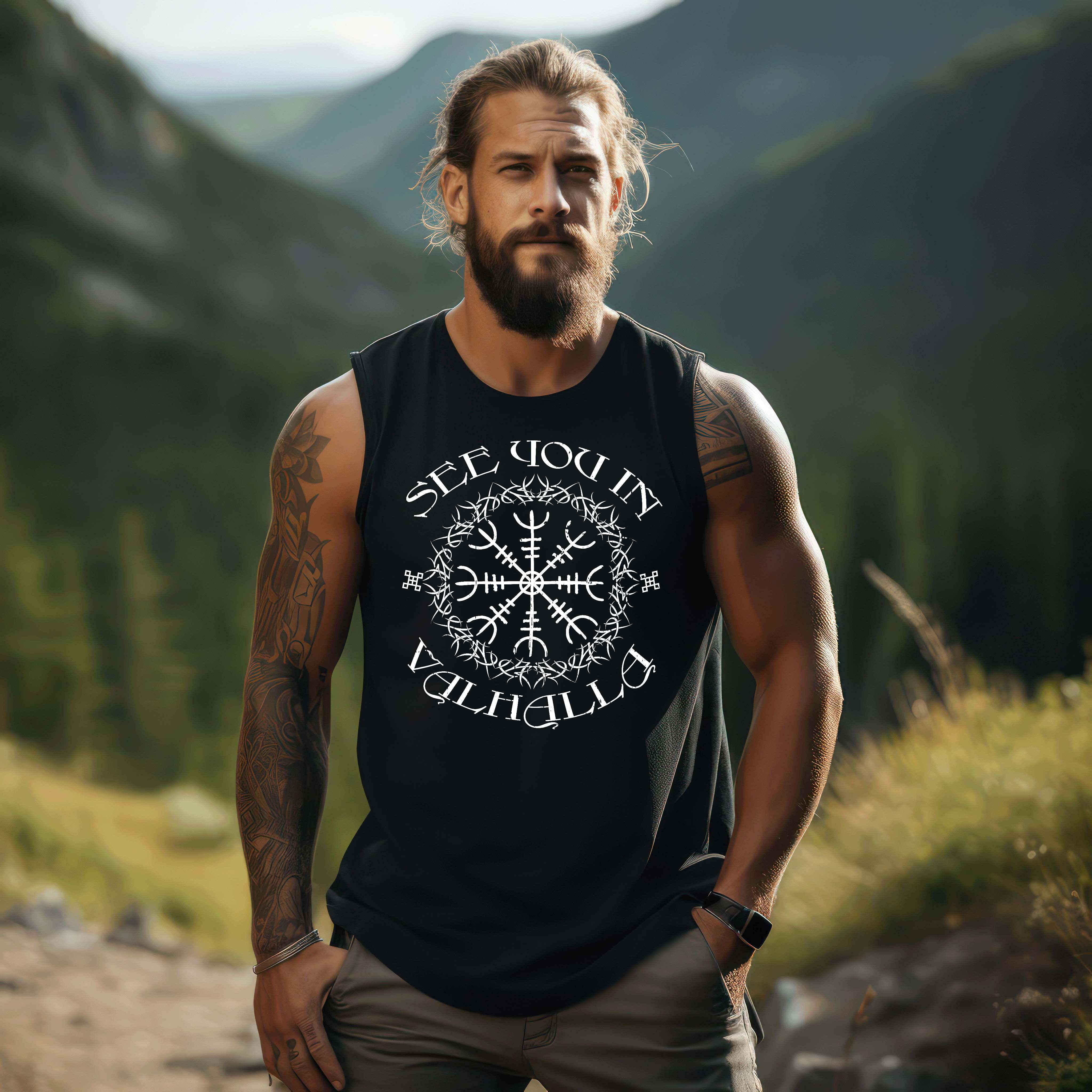 Wikinger Tank Top „See You In Valhalla“ – Helm Of Awe Magische Symbole des Nordens