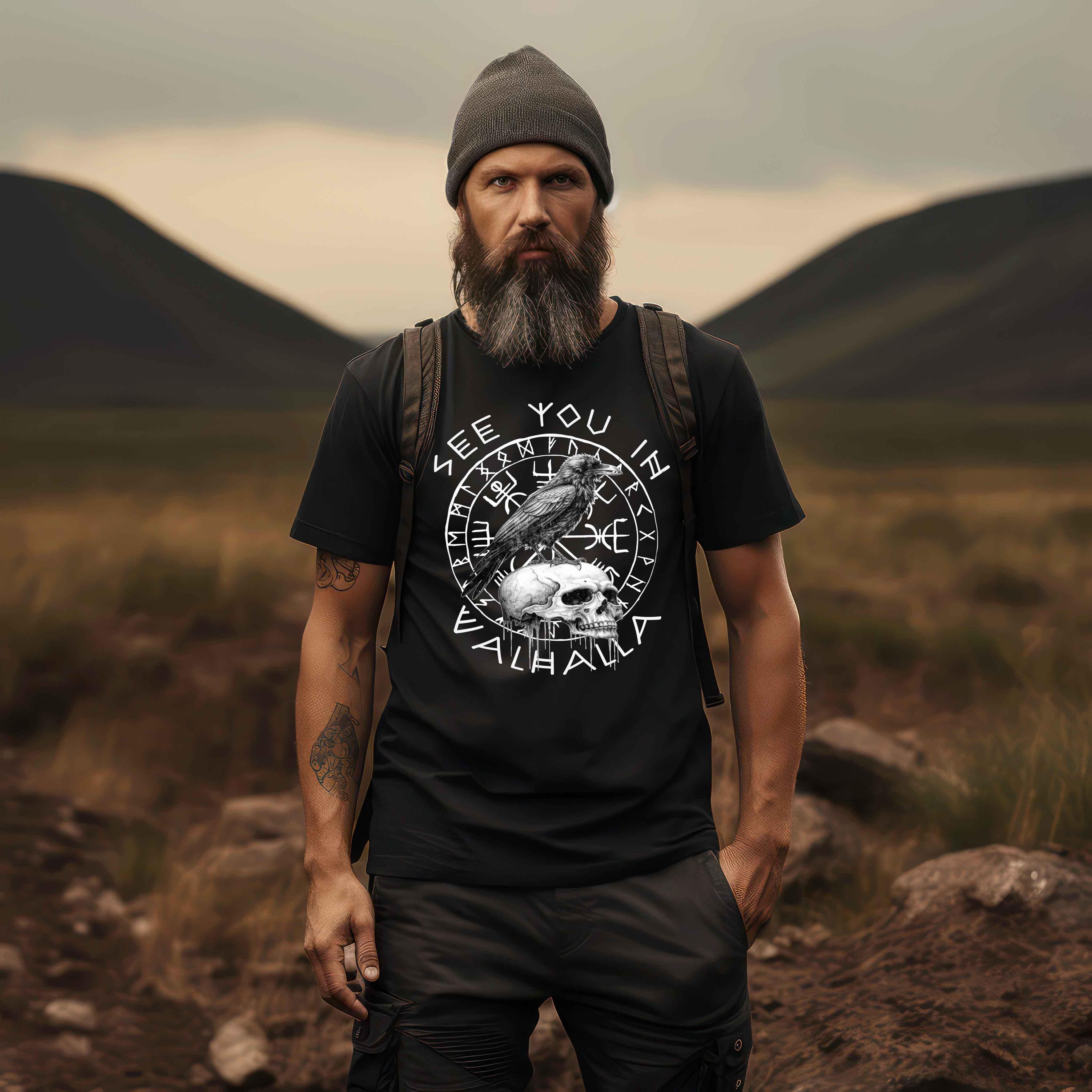 Wikinger-Shirt "See You In Valhalla" mit Raben & Schädel-Motiv - Nordic Viking Wear