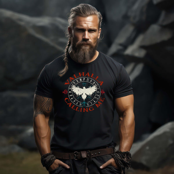 Wikinger Premium T-Shirt "Valhalla Calling Me" | Rabe mit geöffneten Flügeln & Runenkreis | Nordmythologie - Nordic Viking Wear