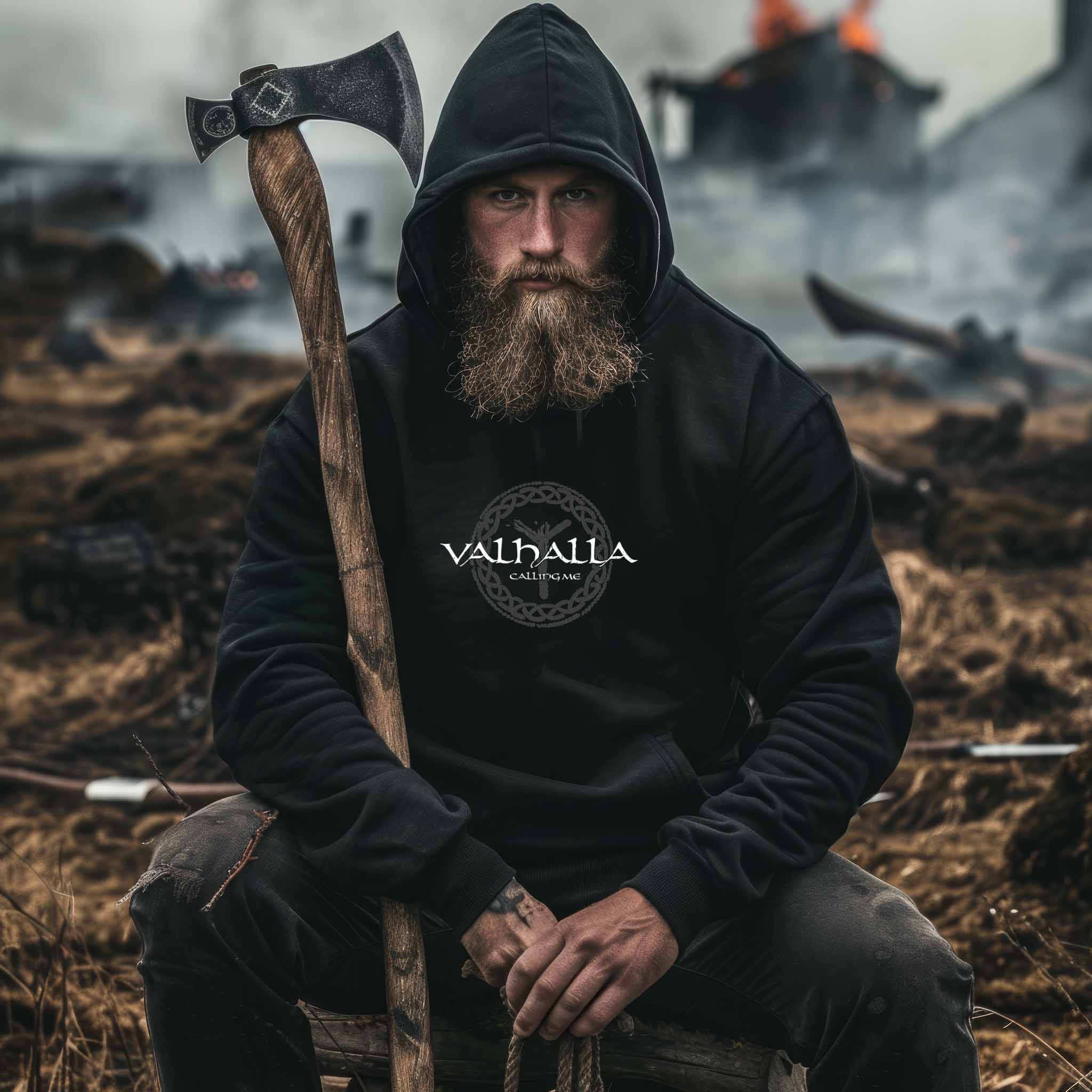 Premium Hoodie "Valhalla Calling Me" mit Rune Algiz – Nordische Mythologie Hoodie