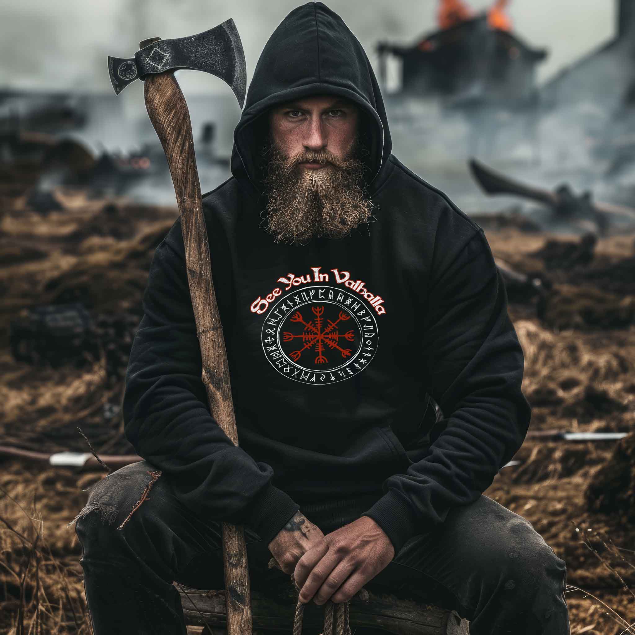 Wikinger Heavy Vintage Hoodie"See You In Valhalla" Design mit Helm Of Awe (Ægishjálmr)