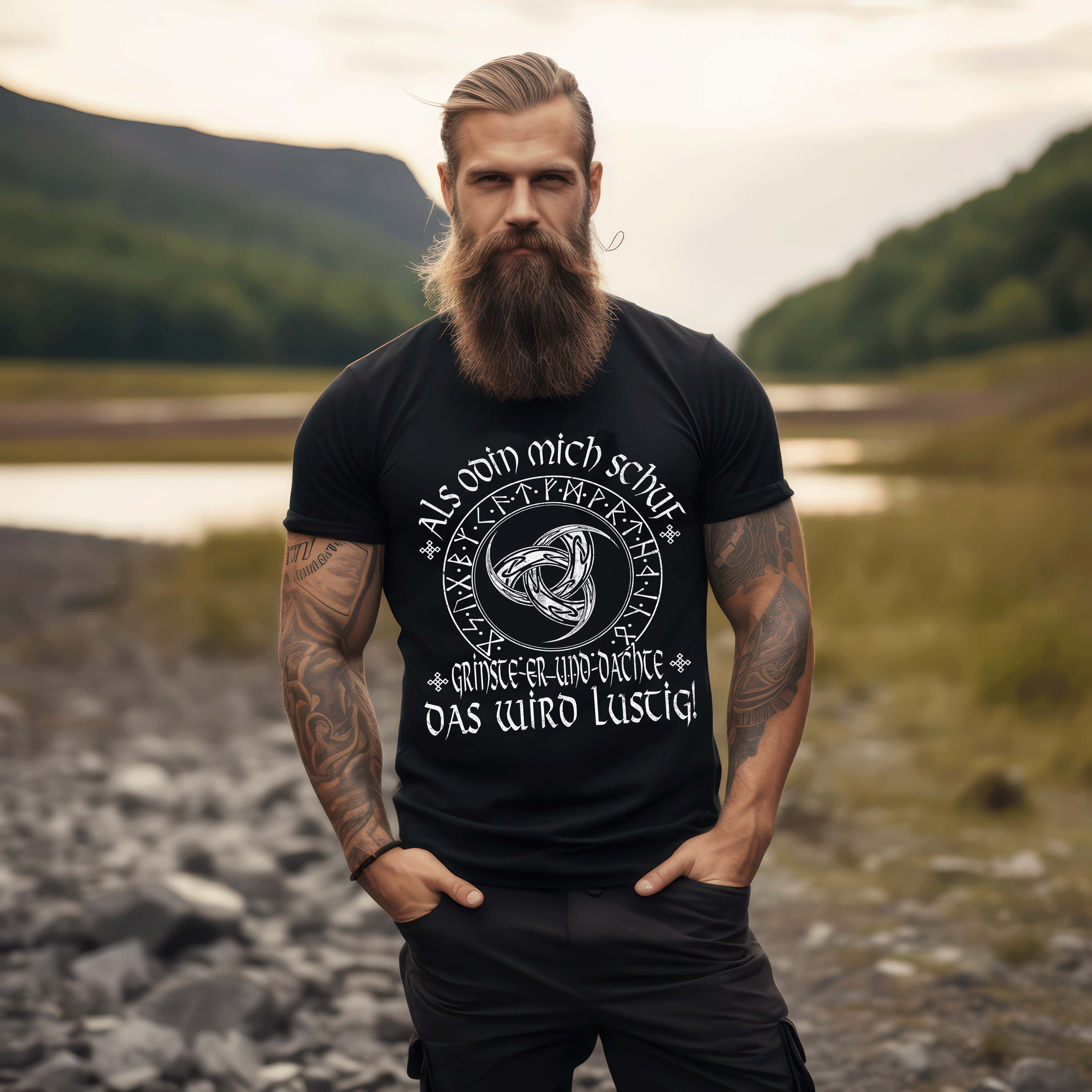 Lustiges Wikinger Premium T-Shirt - Odins Gjallarhorn & Runenkreis für Humorvolle Nordmann-Fans!  - Herren Premiumshirt