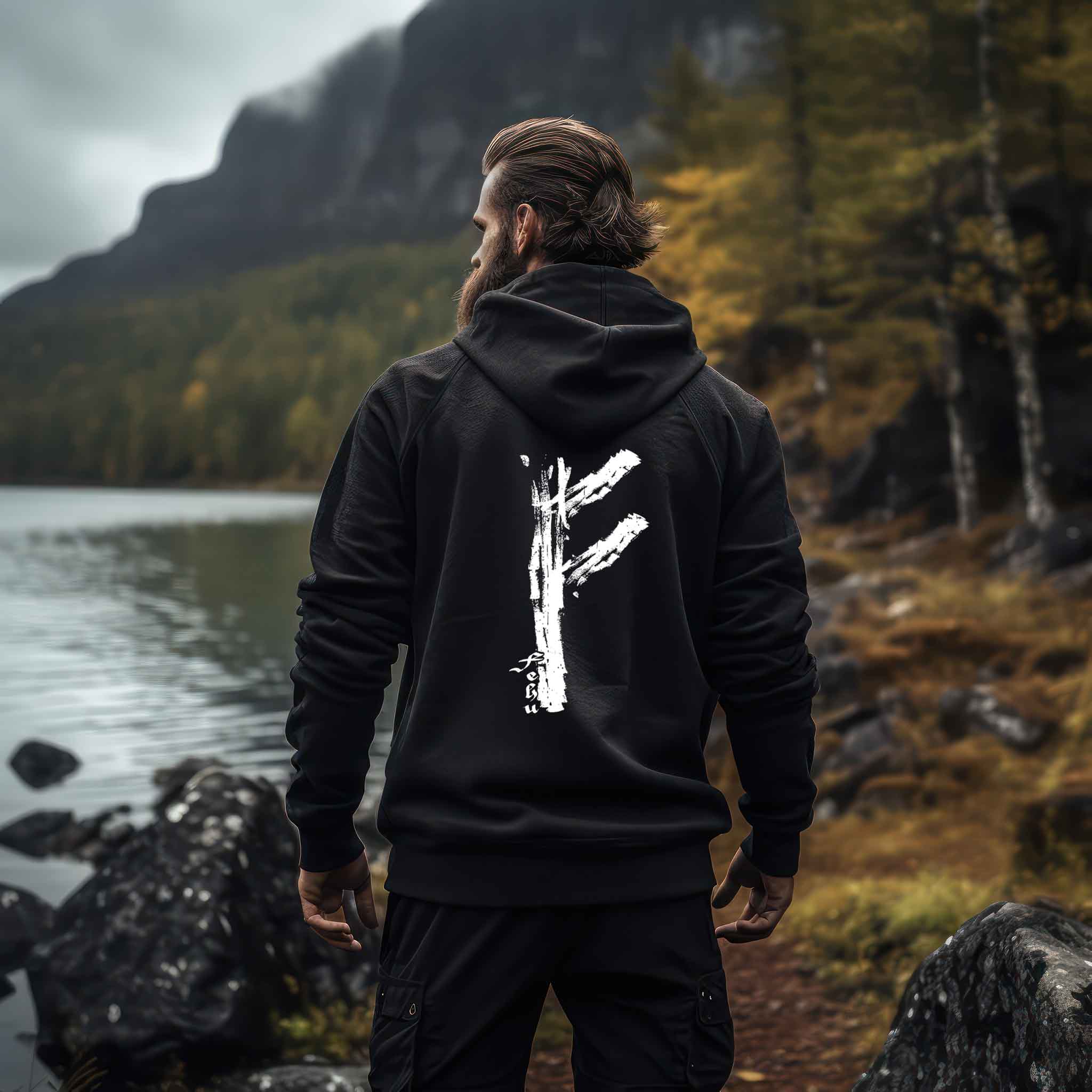 Premium Hoodie Fehu Runen Backprint  - Symbol für Wohlstand und Energie