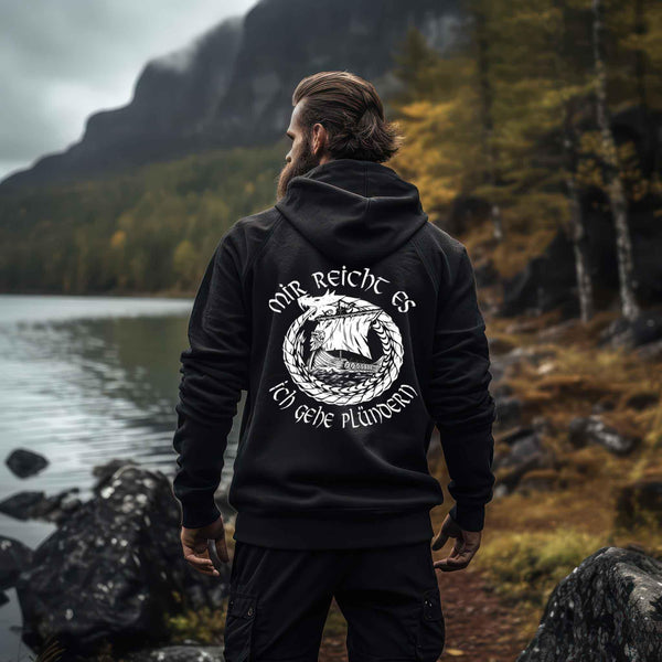 Wikinger-Plünderer Hoodie Backprint – "Mir reicht's, ich gehe plündern" – Drachenschiff-Design - Nordic Viking Wear