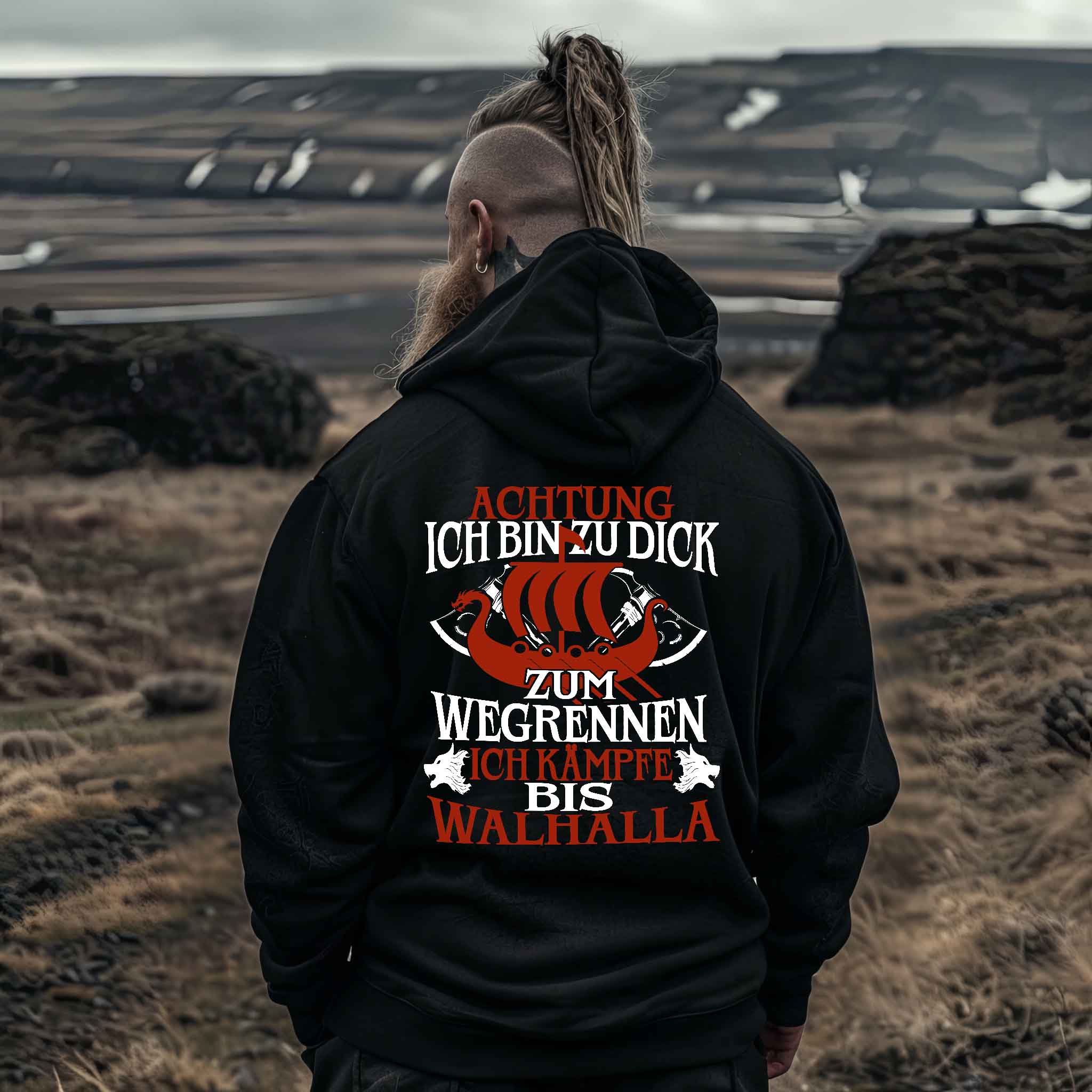 Wikinger Heavy Vintage Hoodie "Achtung Ich Bin Zu Dick Zum Wegrennen"