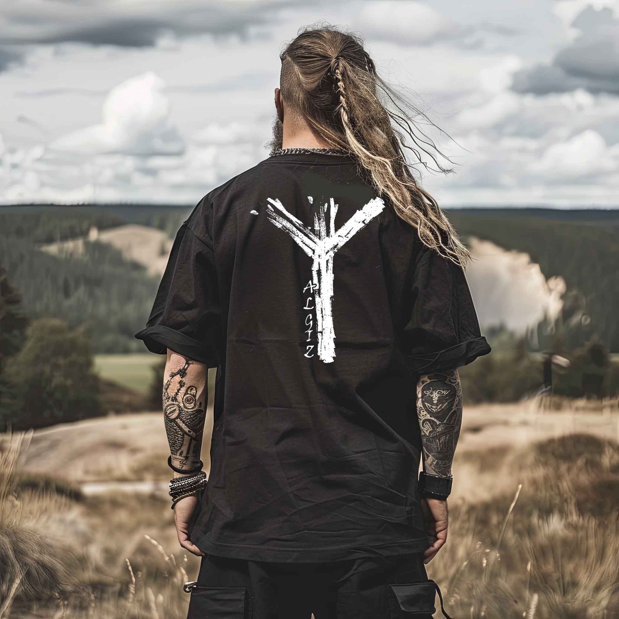 Wikinger Rune Algiz Heavy Oversized T-Shirt – Schutz und Stärke