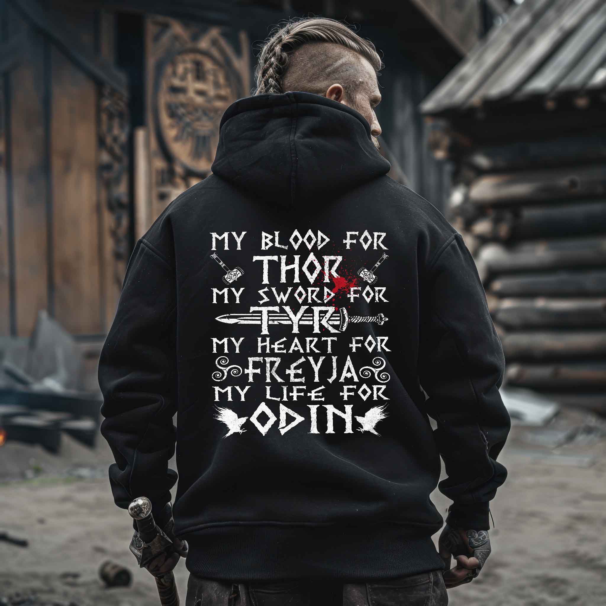 Wikinger Heavy Vintage Hoodie: "My Blood for Thor, My Sword for Tyr, My Heart for Freyja, My Life for Odin"