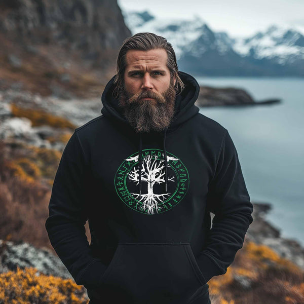 Wikinger Hoodie Odins Raben Weltenbaum mit Runenkreis - Nordic Viking Wear