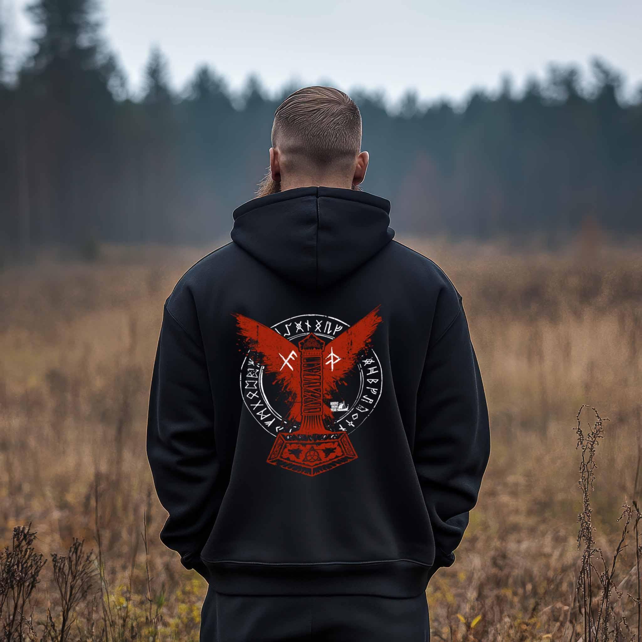 Wikinger Oversized Hoodie – Thors Hammer mit Blutadler und Binde-Runen - Nordic Viking Wear