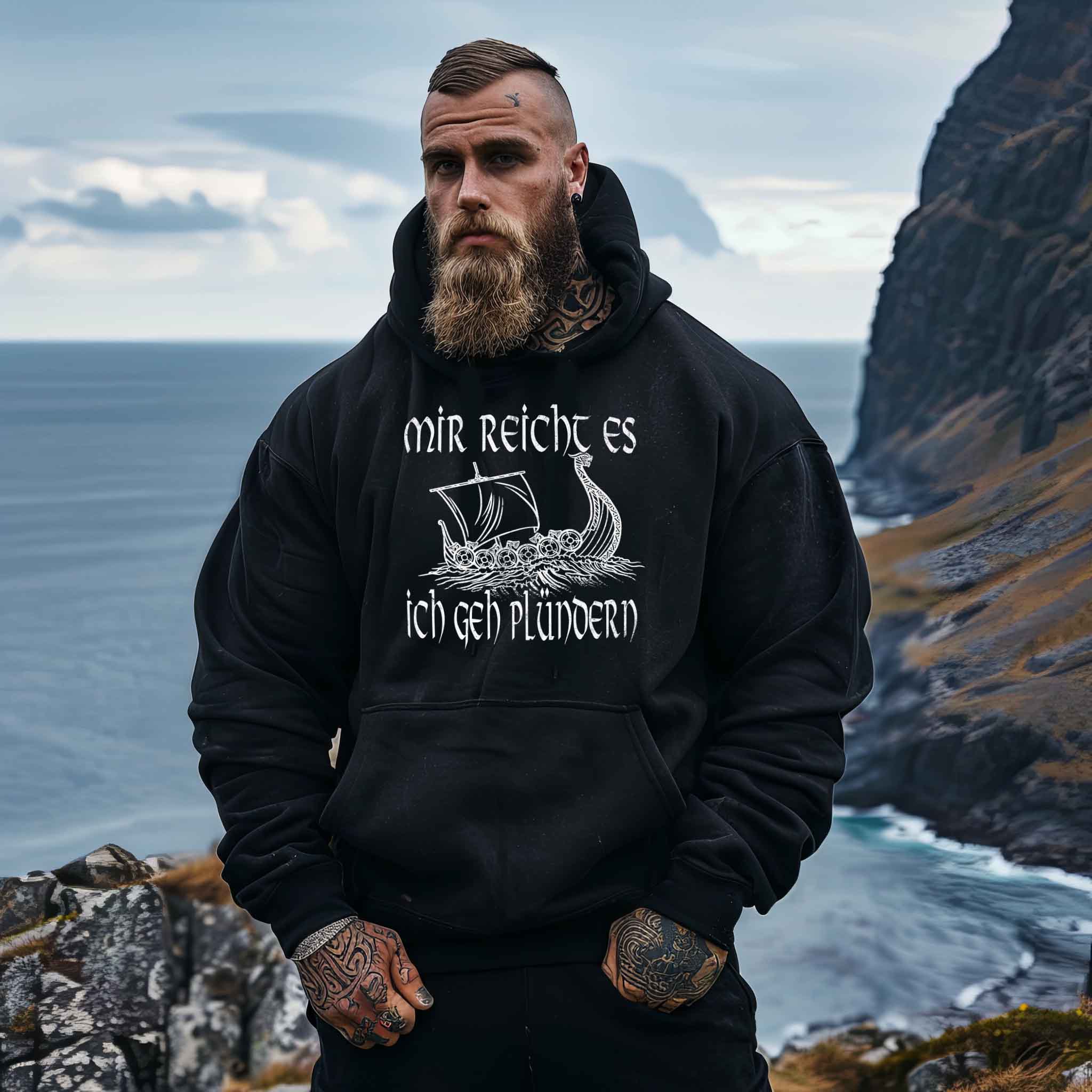 Lustiger Wikinger Heavy Vintage Hoodie mit Wikingerschiff - "Mir Reicht's, Ich Geh Plündern"