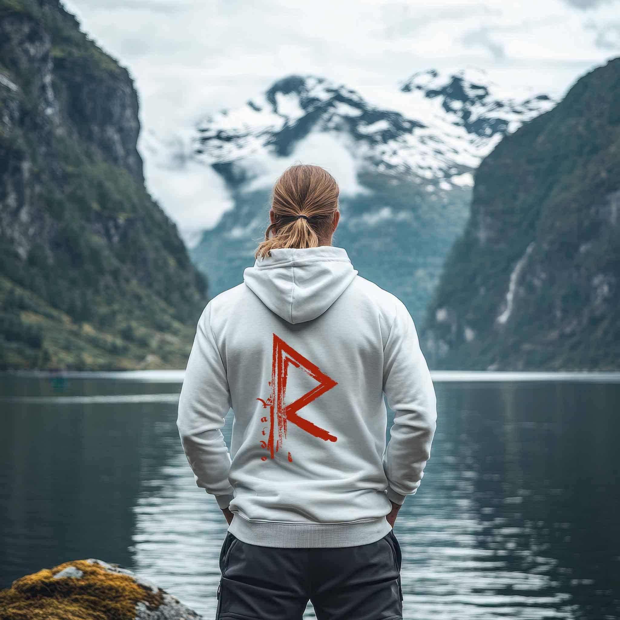 Zipp-Hoodie Rune Raido Rot - Front und Backprint - Nordic Viking Wear