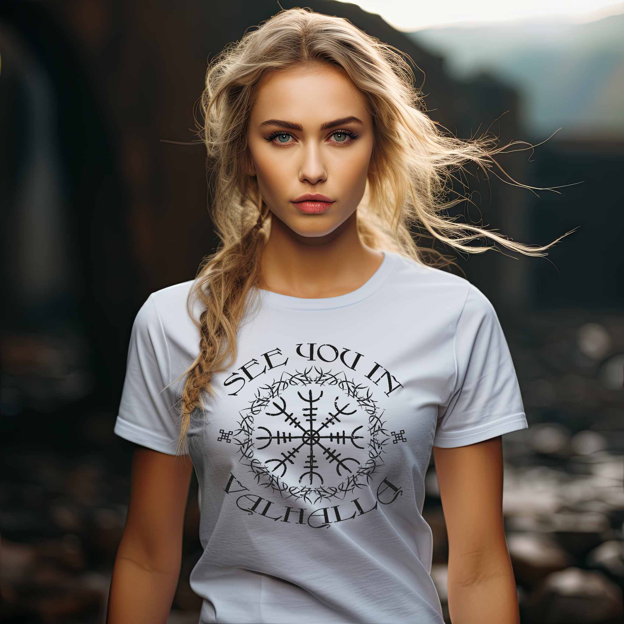 Schildmaiden Expresser „See You in Valhalla – Wikinger T-Shirt mit Vegvisir Design“