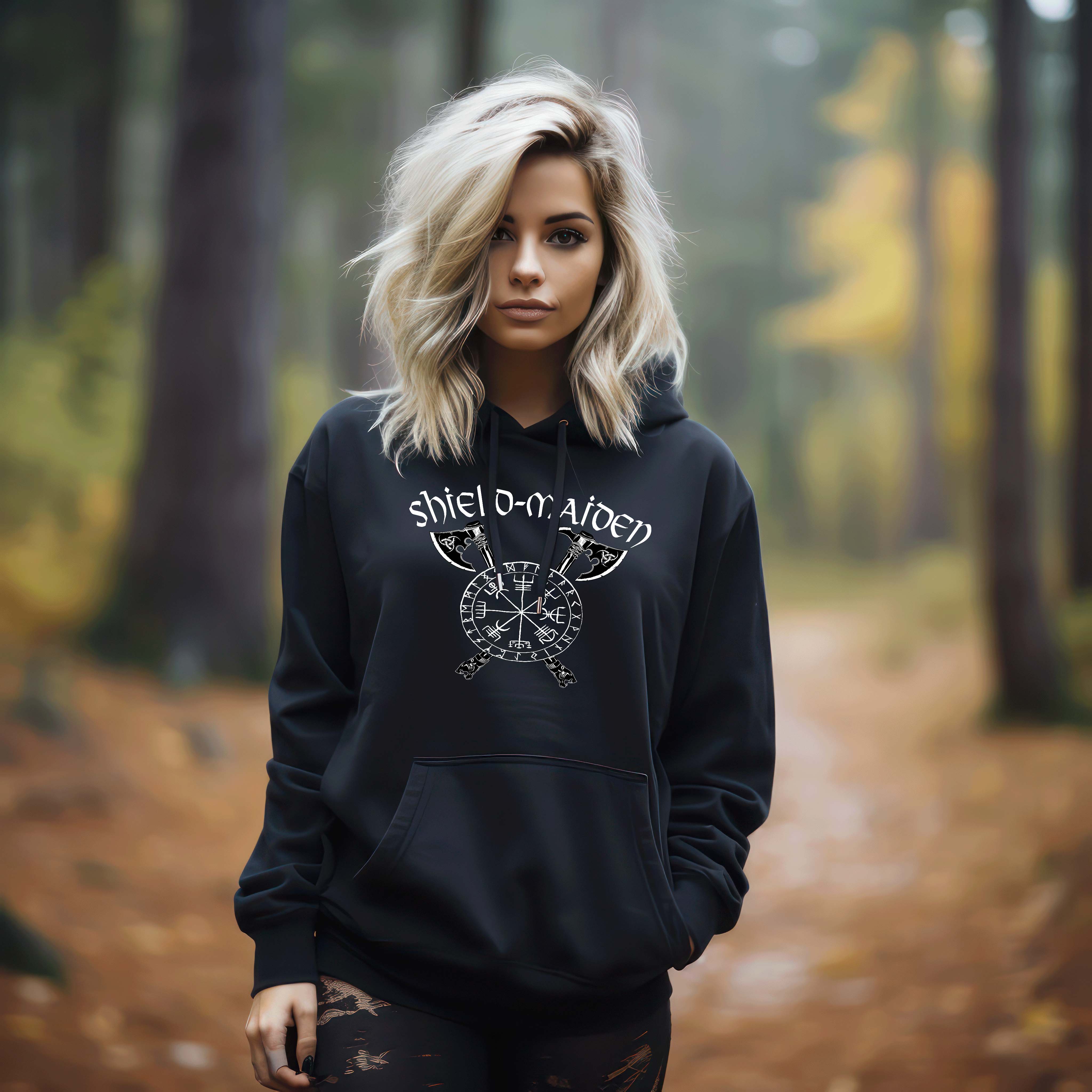 Schildmaiden Hoodie – "Shieldmaiden" mit gekreuzten Äxten, Vegvisir & Runenkreis