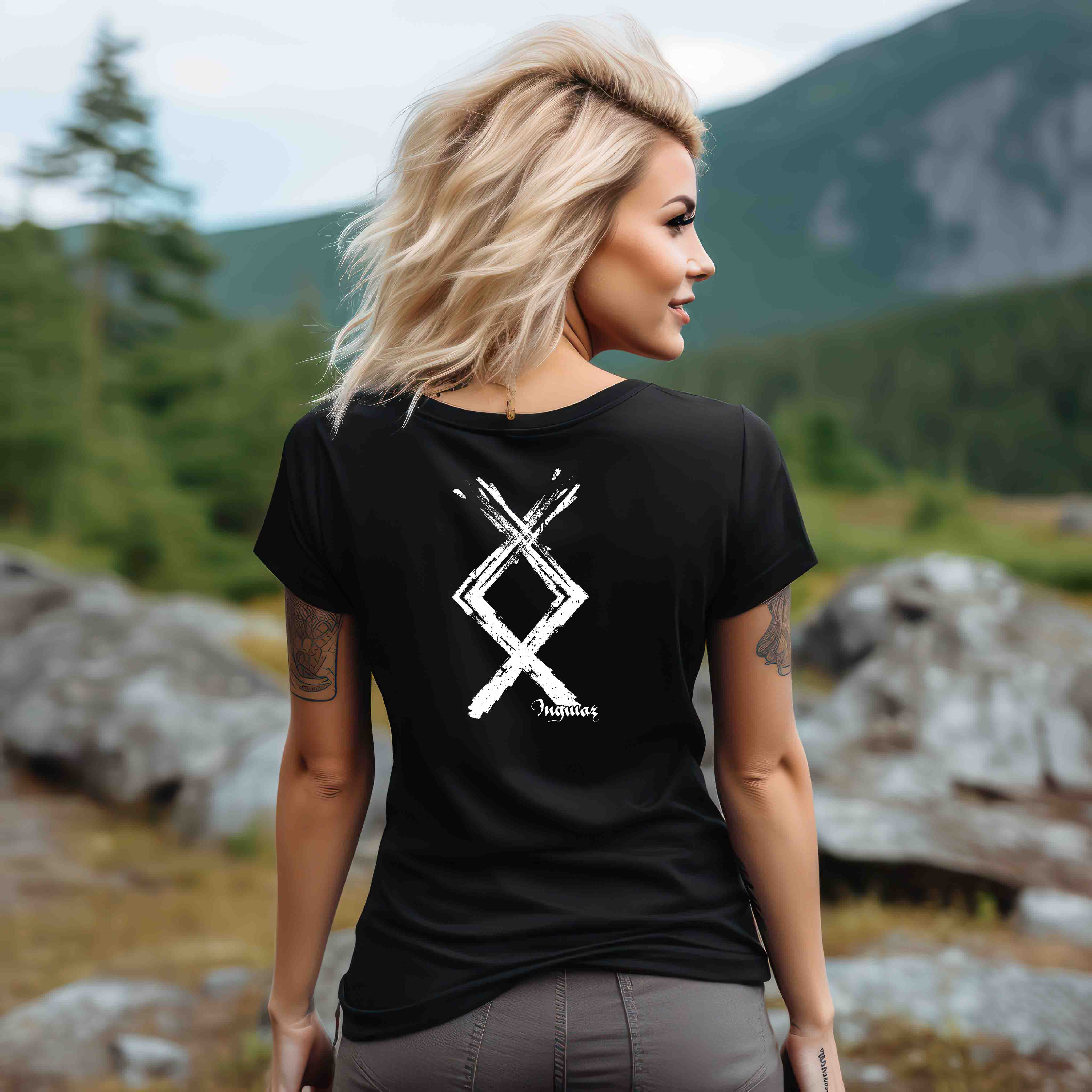 Schildmaiden V-Neck Ingwaz Rune Shirt - Nordische Mythologie Kraftsymbol