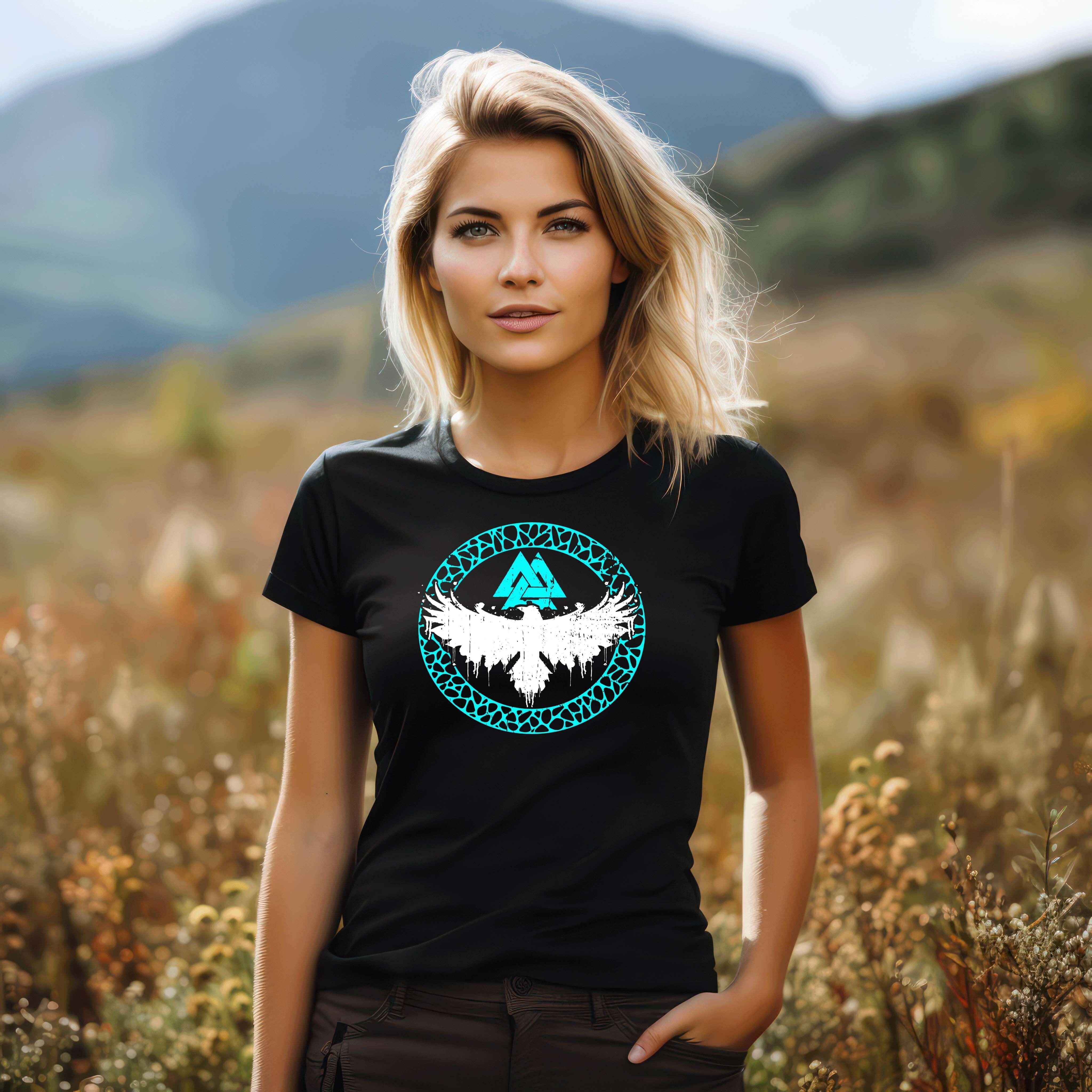 "Raben-Valkyrie" Valknut Damen Premium T-Shirt – Nordische Legende in Faszinierendem Türkis - Nordic Viking Wear