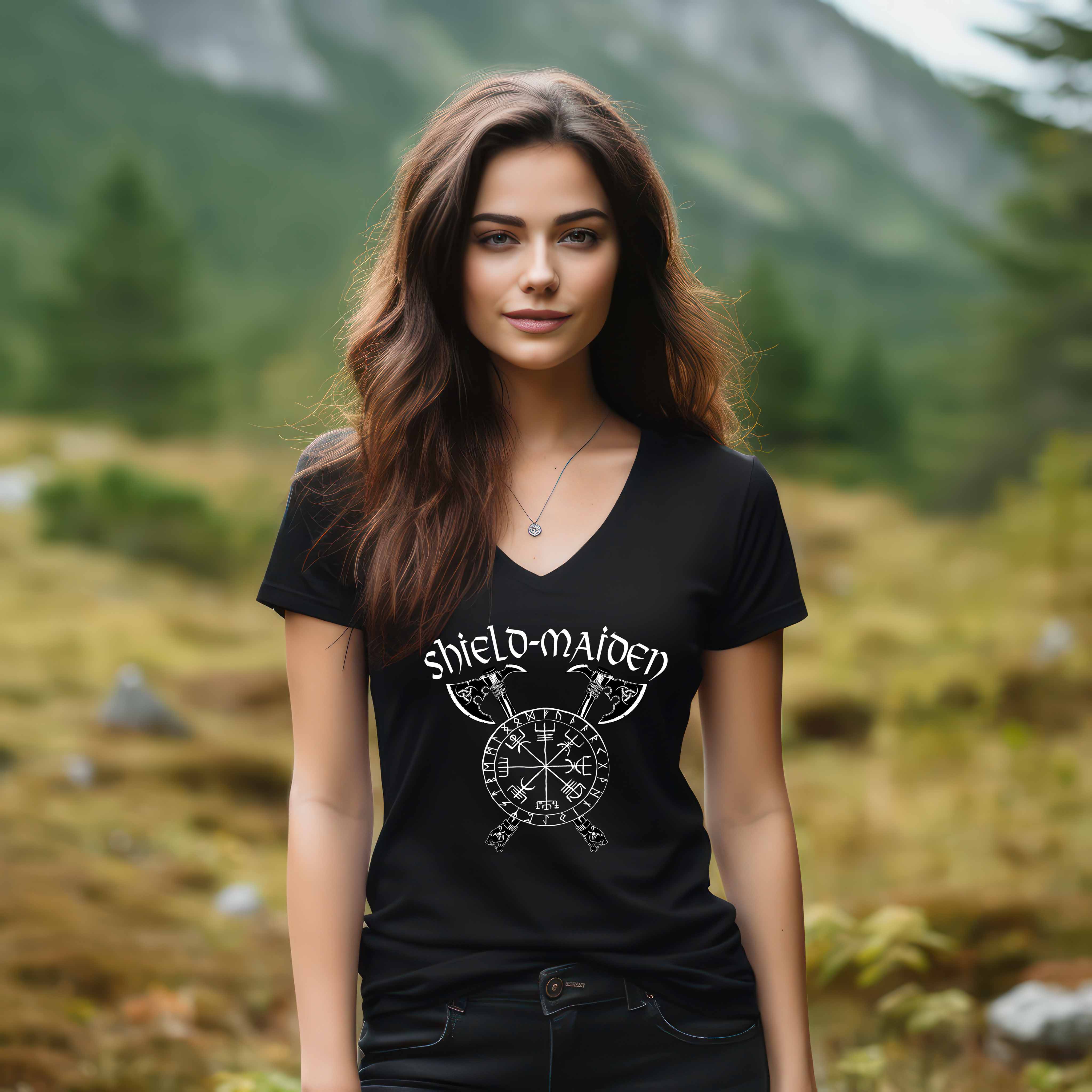 Schildmaiden Vegvisir V-Neck: Stolze Kriegerin – Nordische Runen & Axt-Design