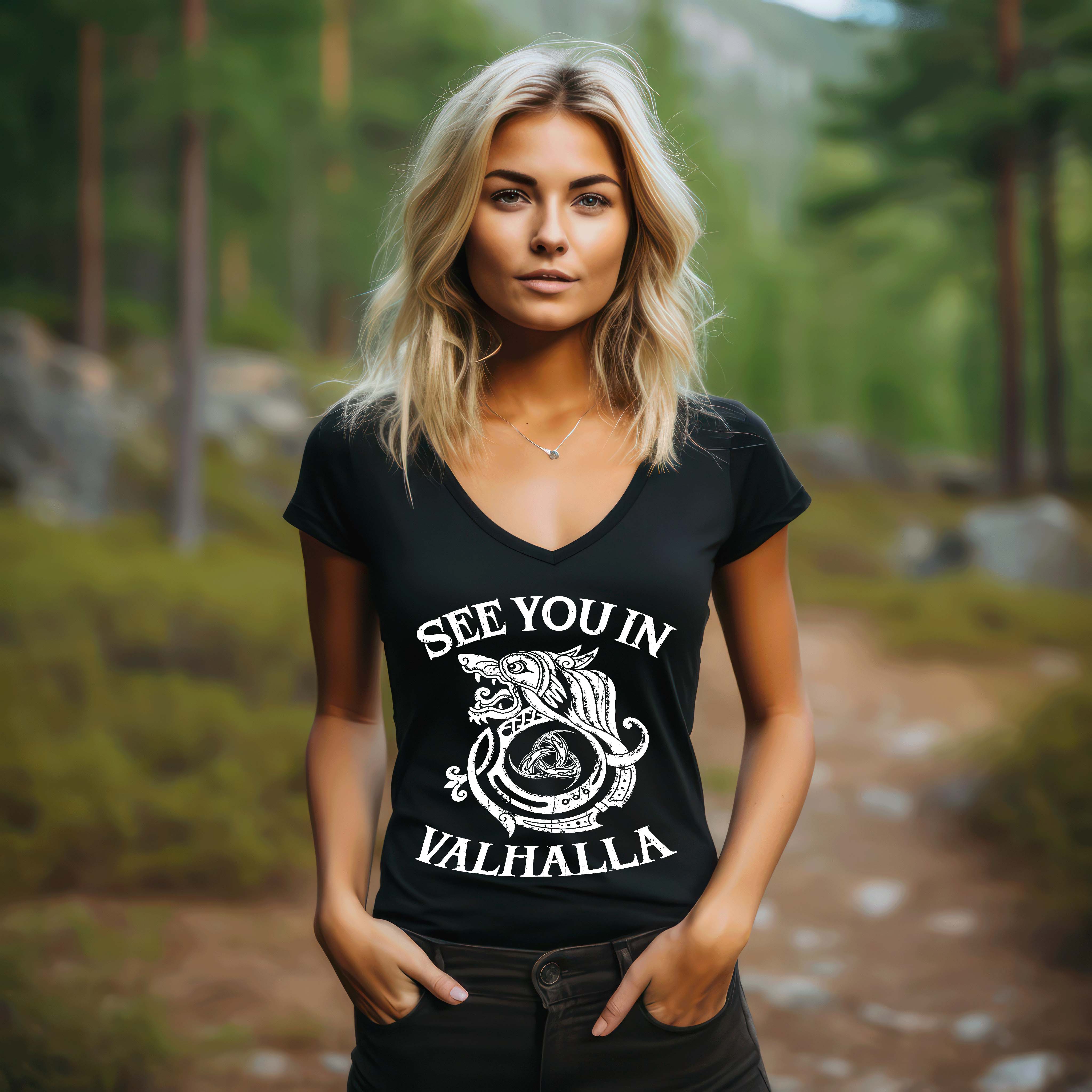 Schildmaiden V-Neck "See You In Valhalla" - Mit Odins Gjallarhorn Design