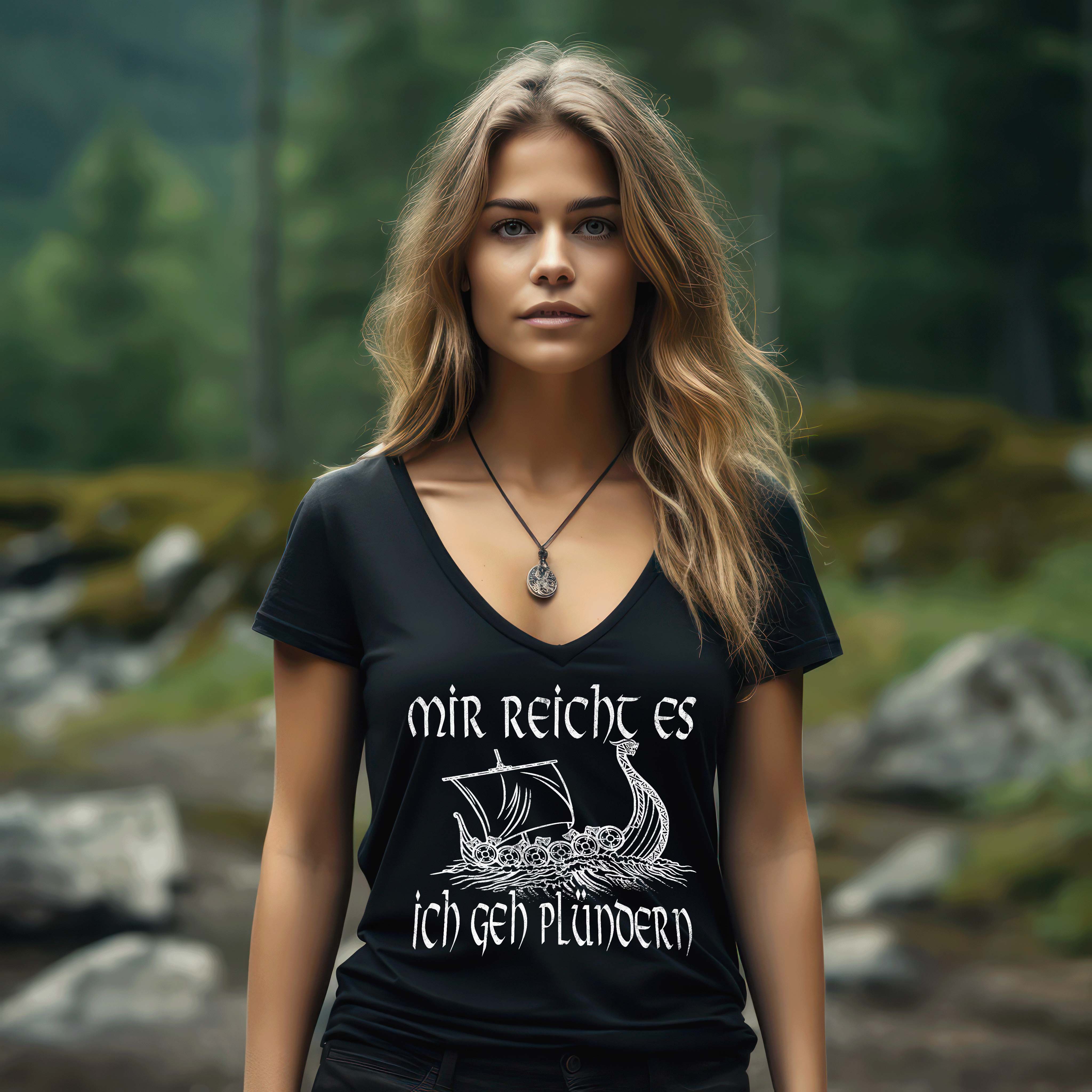 Lustiges Schildmaiden V-Neck mit Wikingerschiff - "Mir Reicht Es Ich Geh Plündern" Design