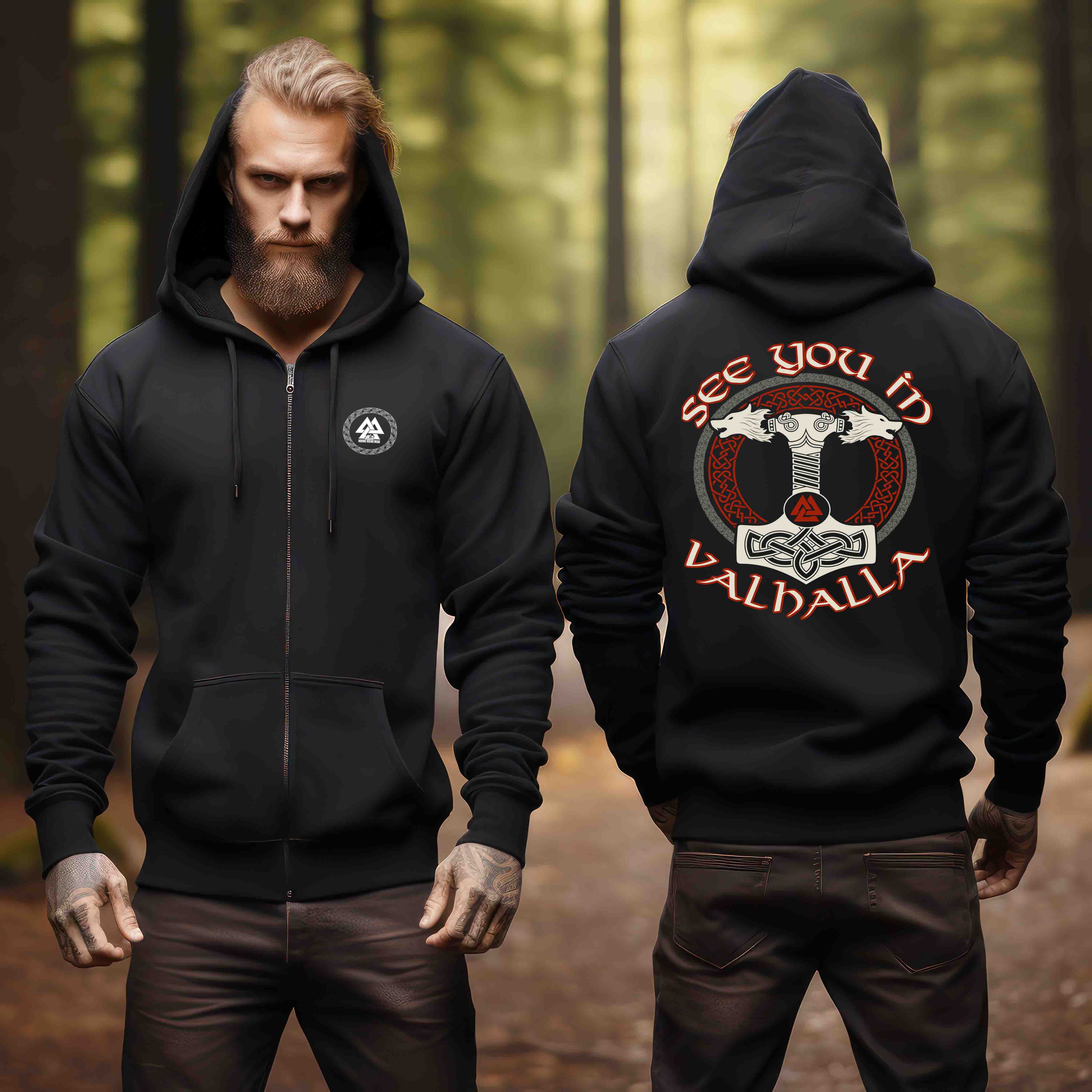 Wikinger "See You In Valhalla" Zipp Hoodie - Nordischer Krieger Pullover mit Mjölnir und Wölfe Design