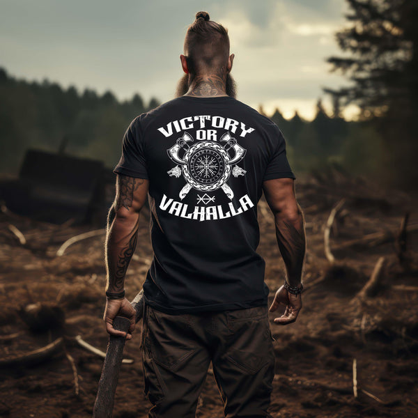 Wikinger Helm Of Awe BackprintPremiumshirt "Sieg oder Valhalla" – Kriegergeist in jedem Faden - Nordic Viking Wear
